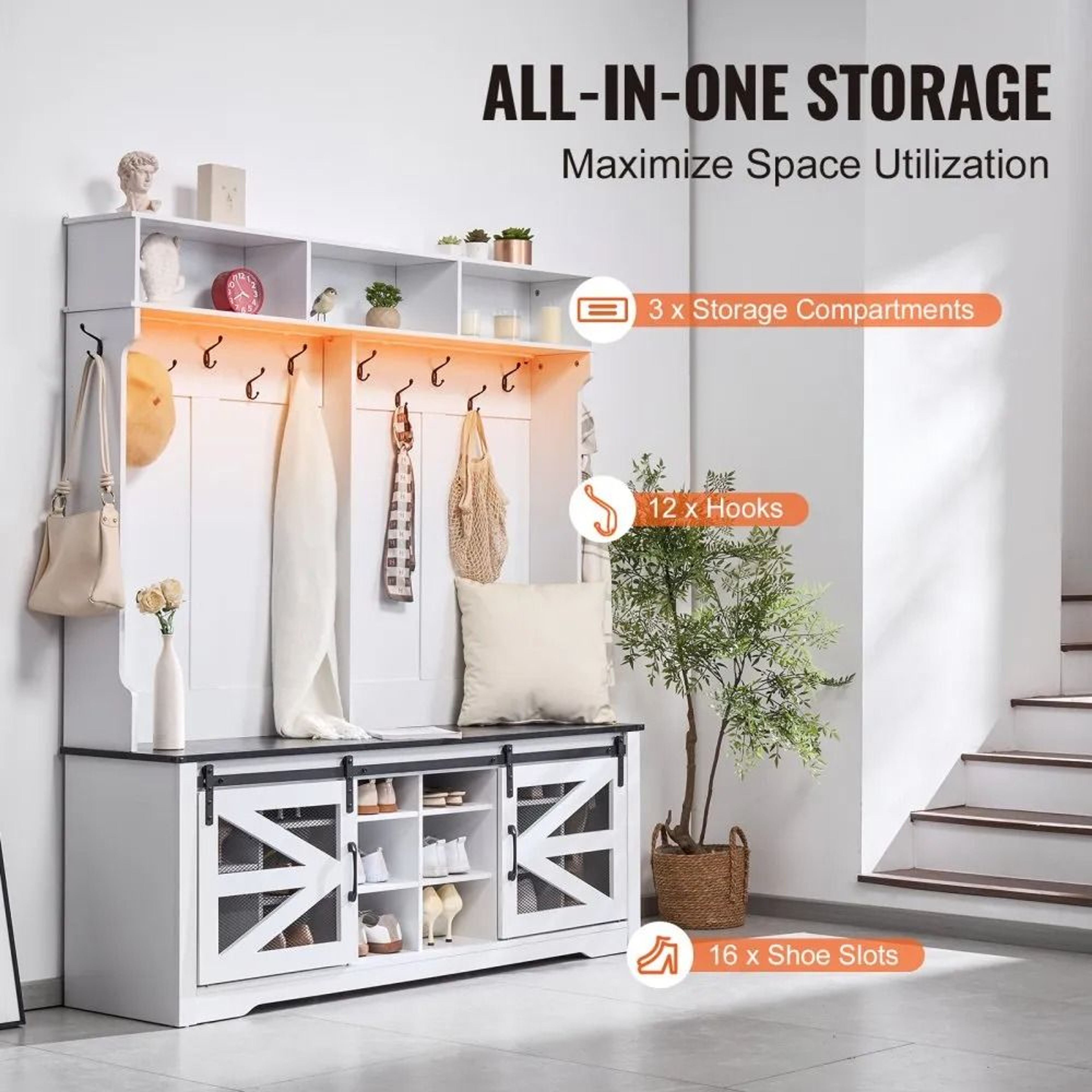 59 Inch Wide Mudroom Hall Tree Entryway Bench With Storage And USB LED Light 3