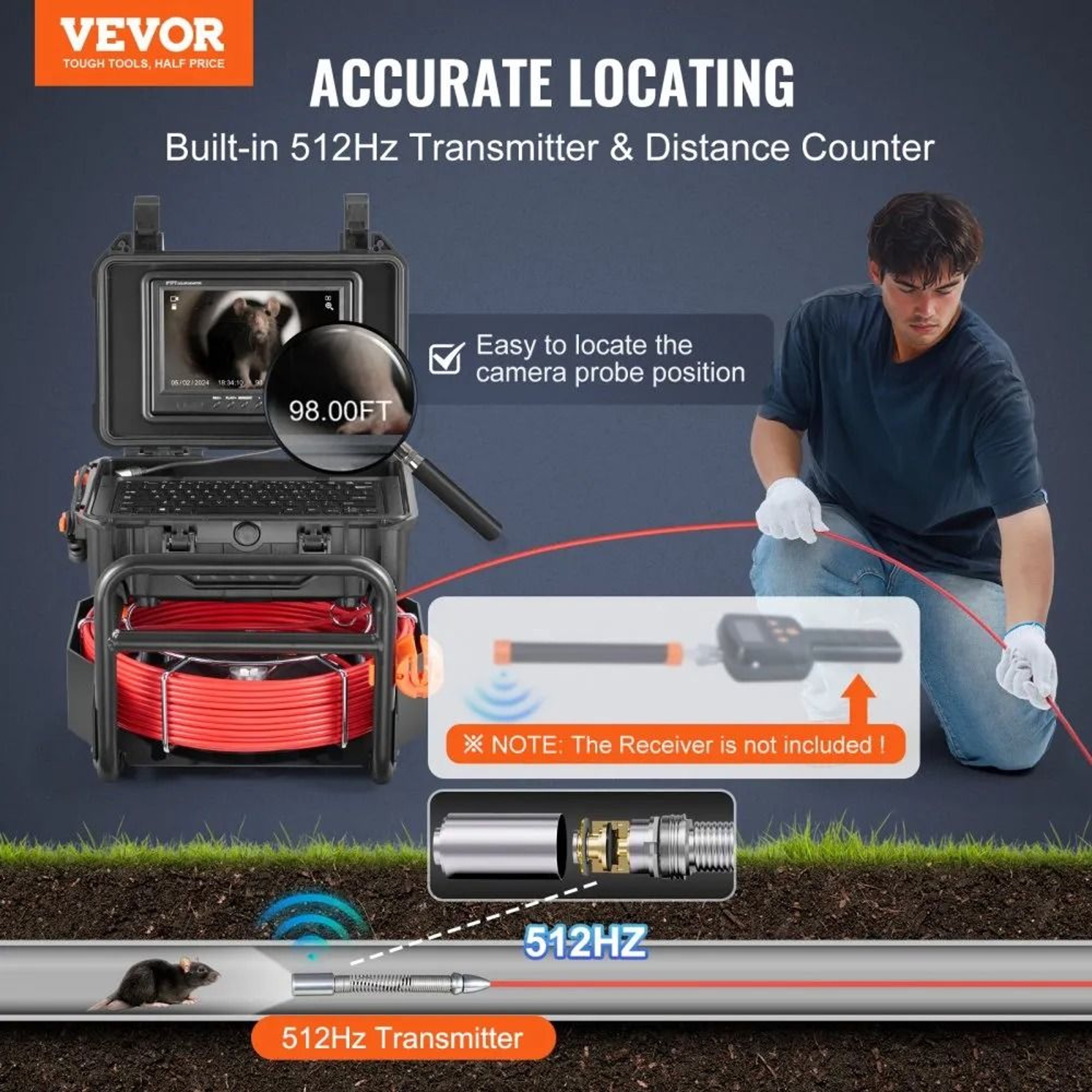 98 Ft SelfLeveling Sewer Camera With 512Hz Transmitter 9 Inch 1080P Screen 4