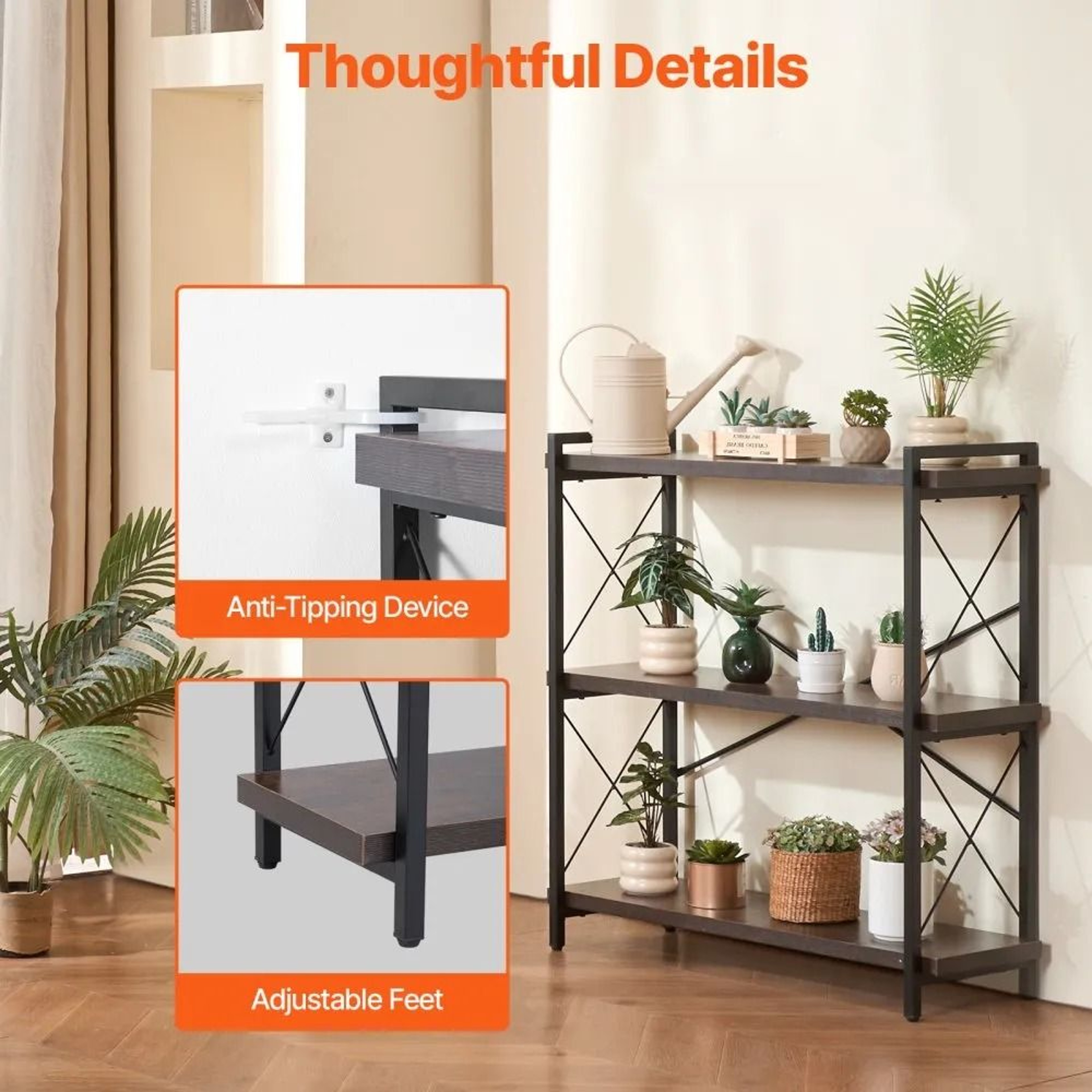 3Tier Industrial Metal Bookshelf With Open Shelves And Adjustable Feet 4