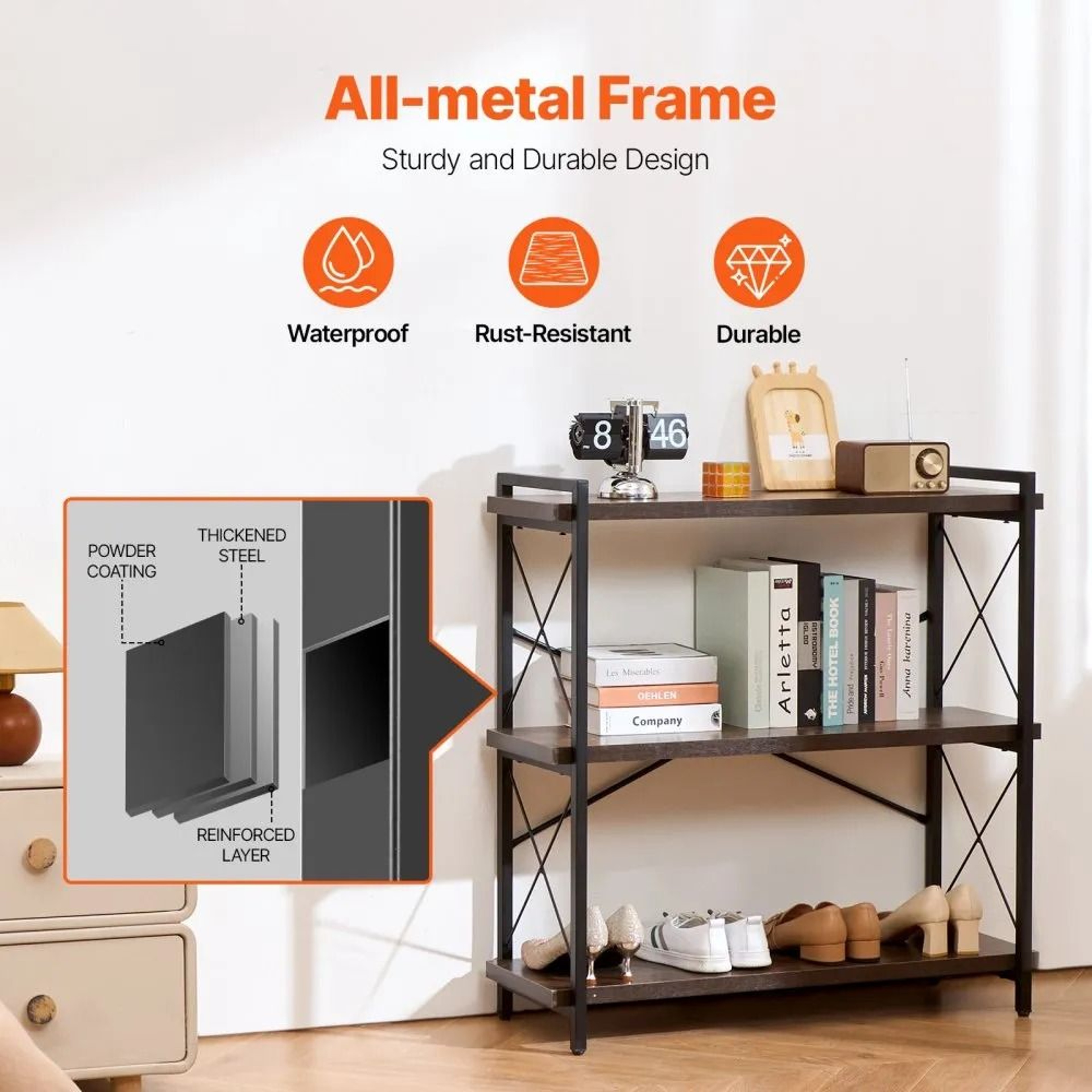 3Tier Industrial Metal Bookshelf With Open Shelves And Adjustable Feet 3