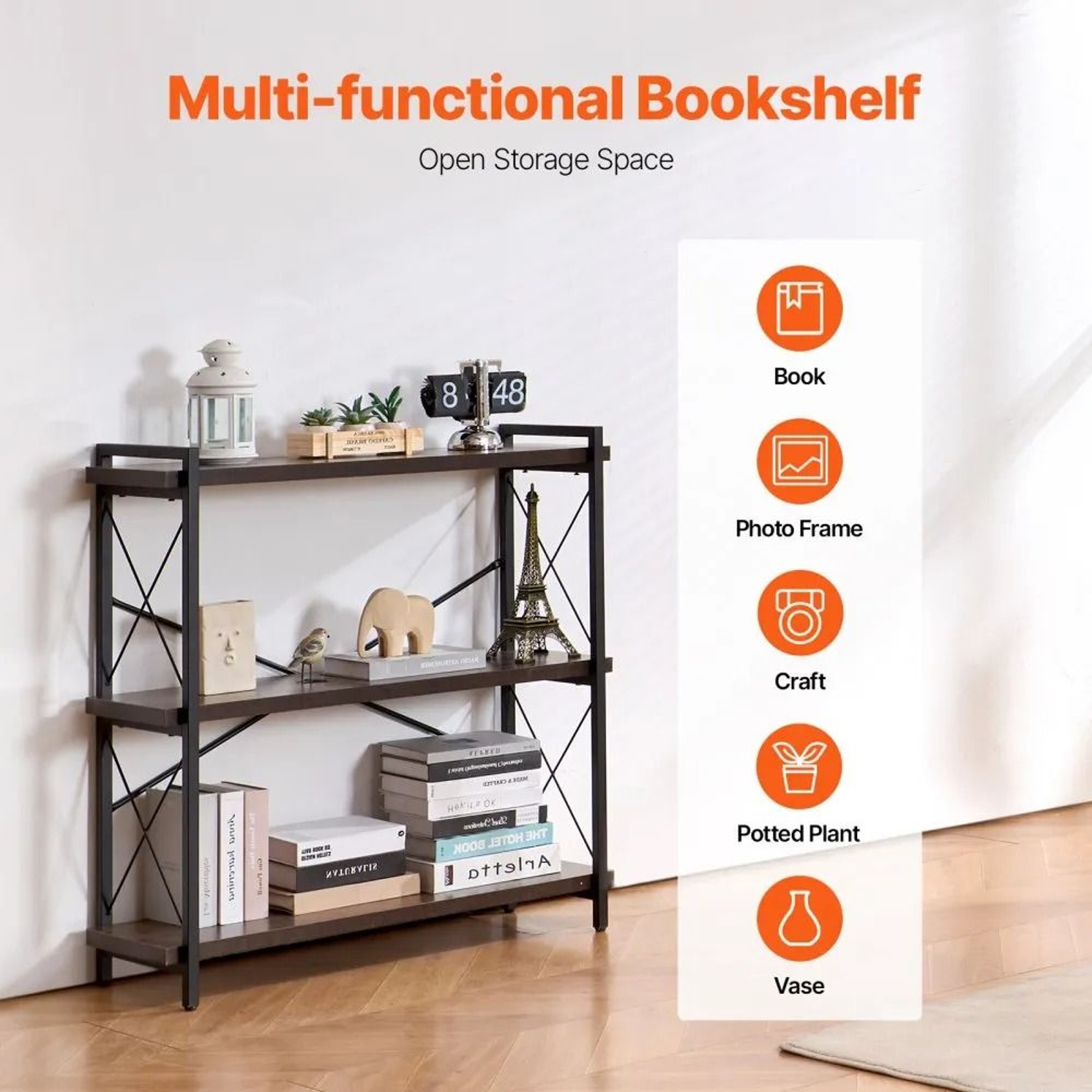 3Tier Industrial Metal Bookshelf With Open Shelves And Adjustable Feet 1