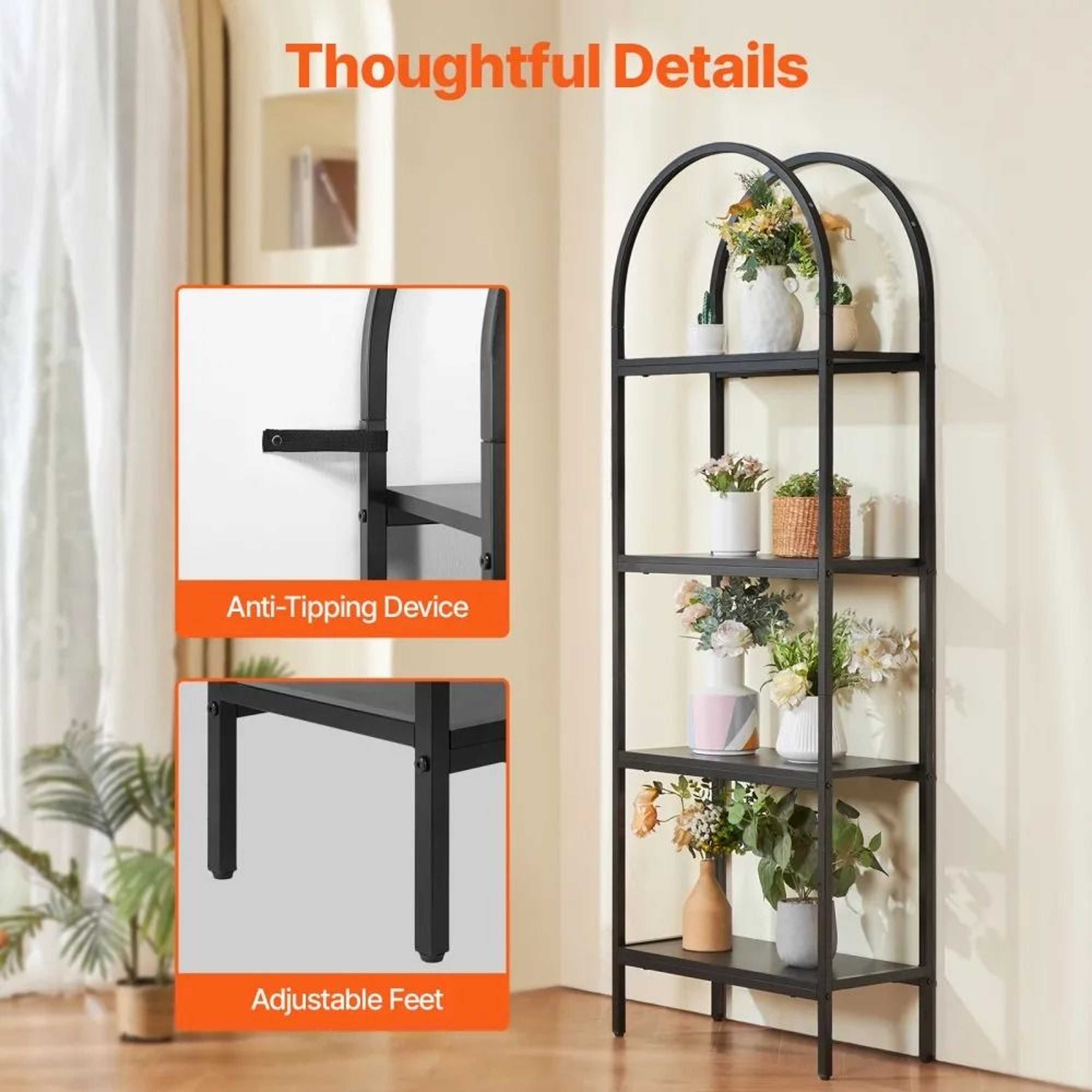 4Tier Arched Metal Bookshelf With MDF Open Shelves 2