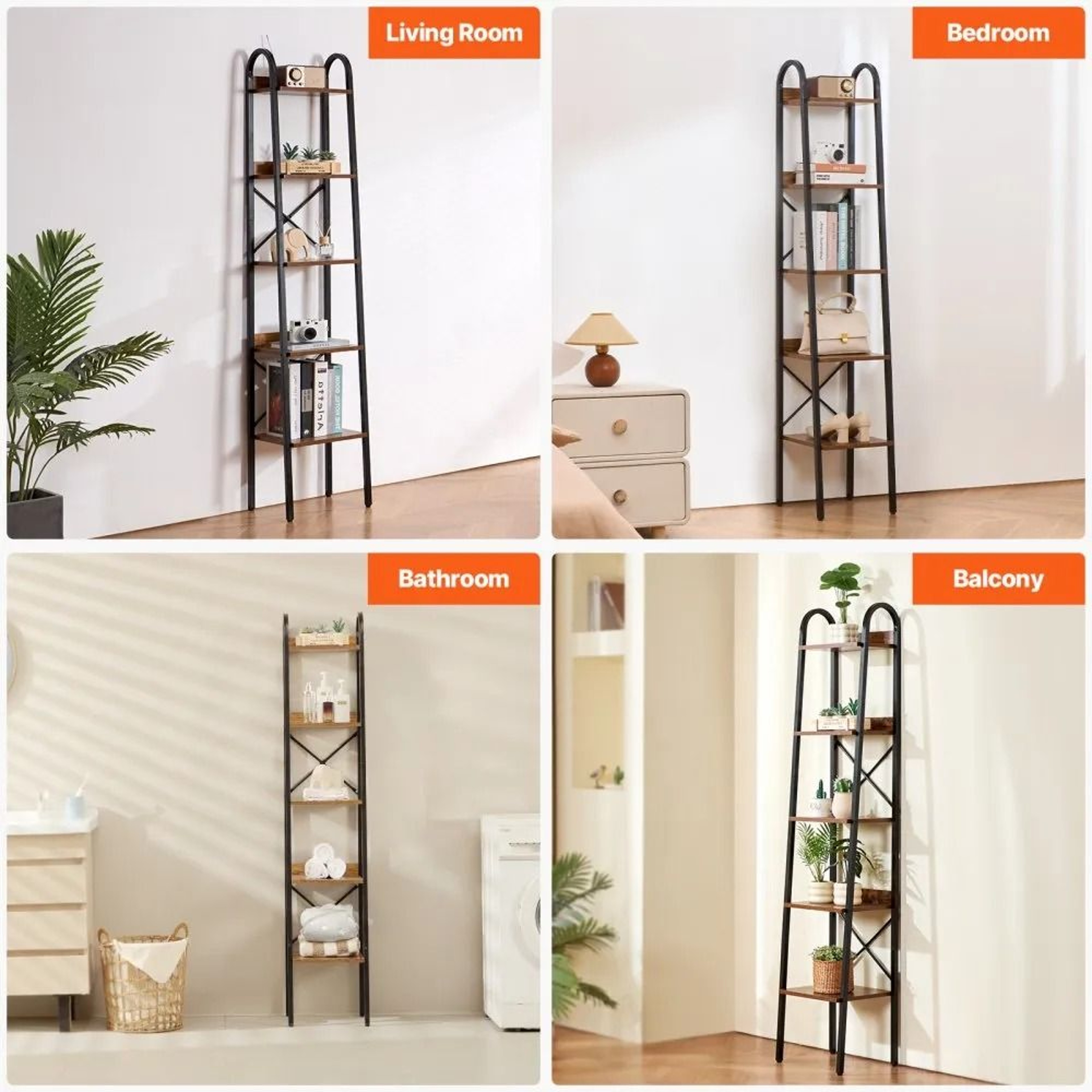 5Tier Metal Bookshelf Tall Narrow Industrial Storage Bookcase With Open Shelves 5