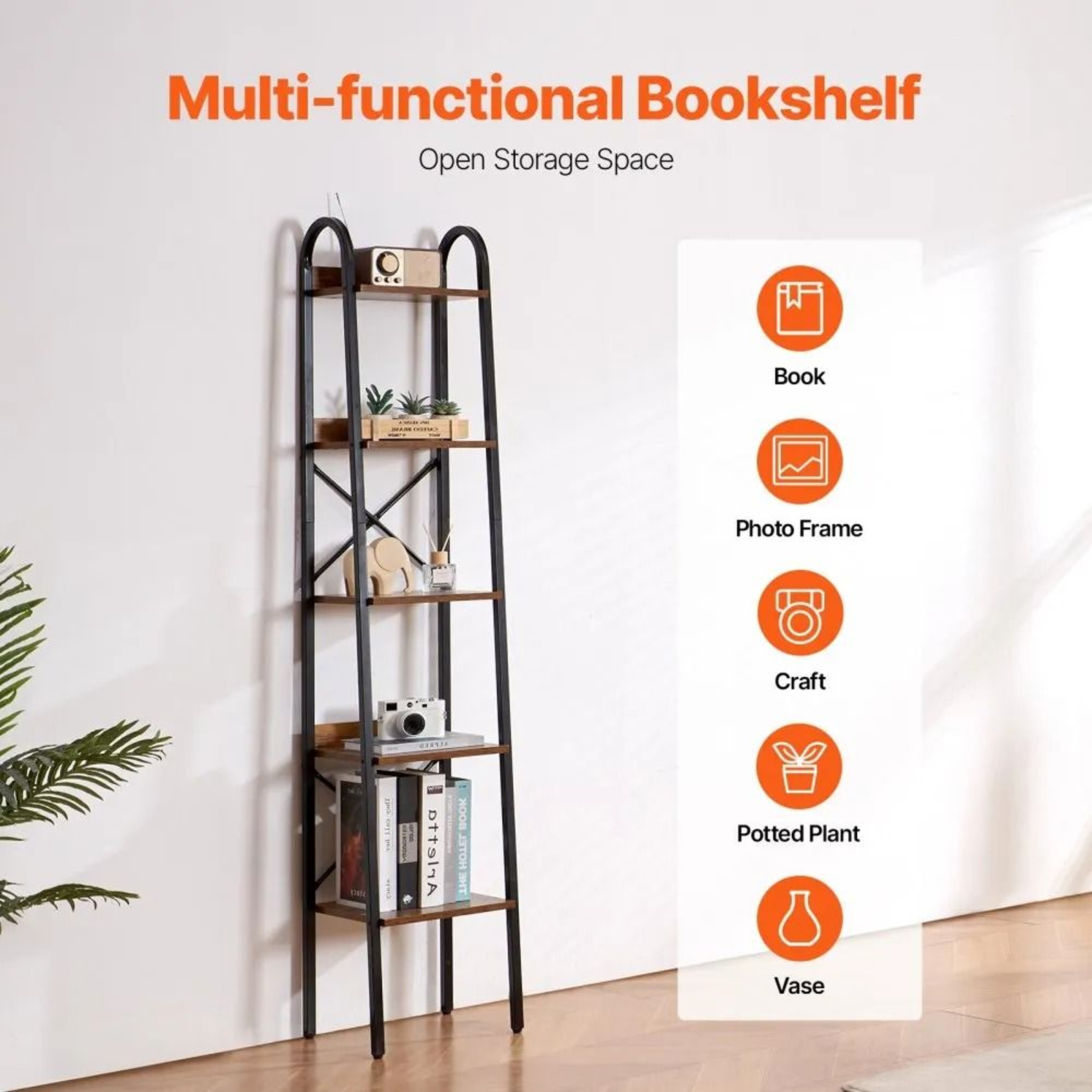 5Tier Metal Bookshelf Tall Narrow Industrial Storage Bookcase With Open Shelves 4