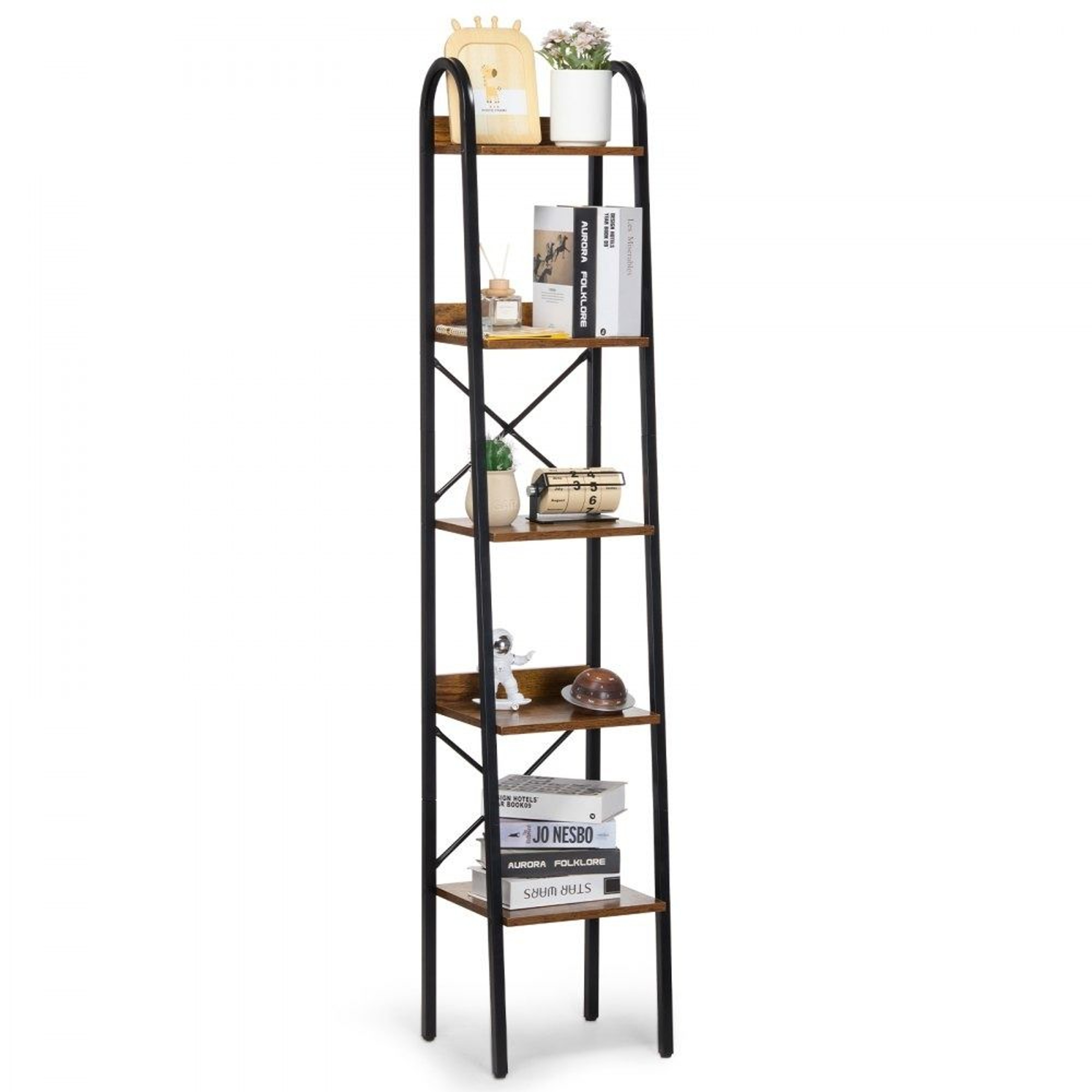 5Tier Metal Bookshelf Tall Narrow Industrial Storage Bookcase With Open Shelves 0