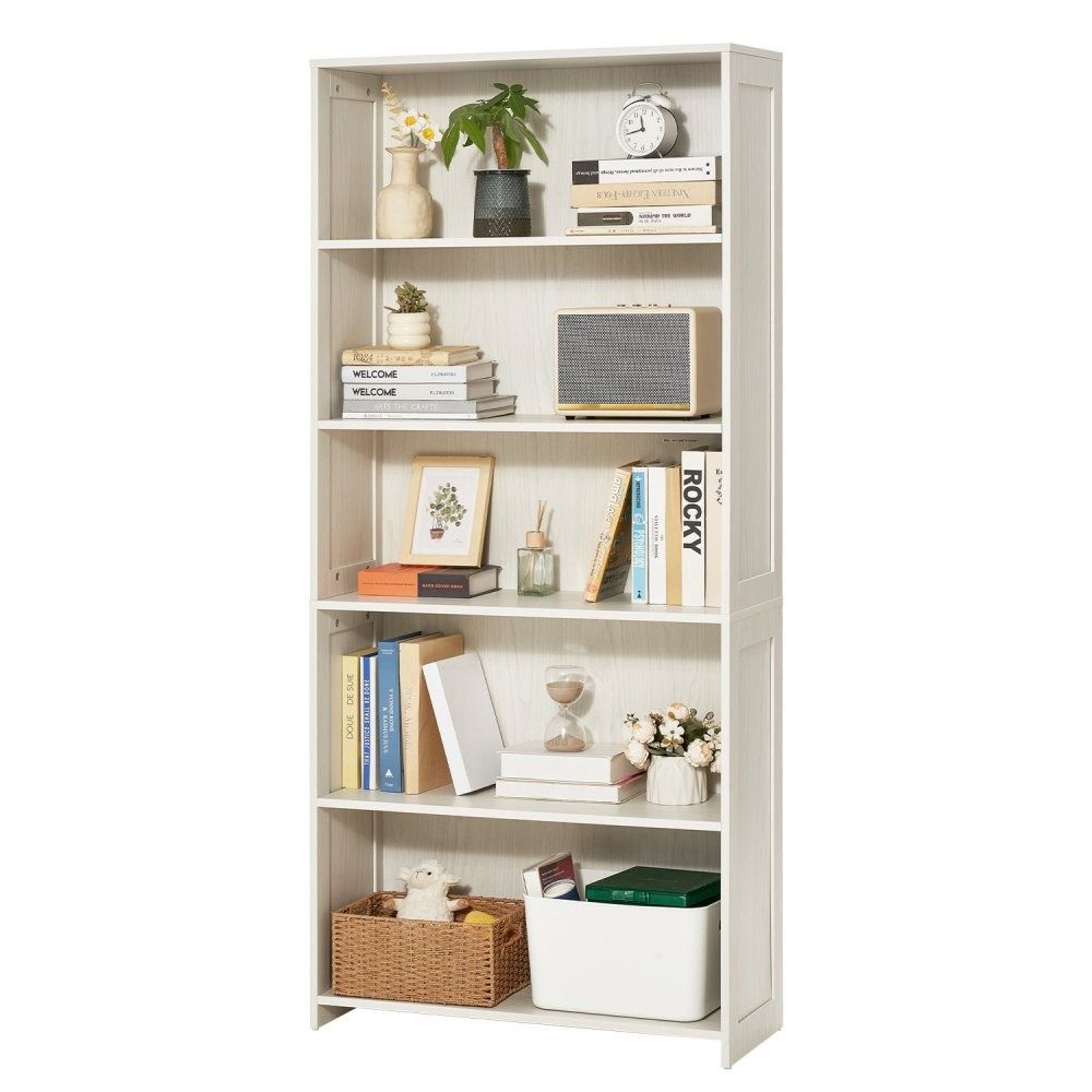 5 Tier Wide Wooden Open Bookshelf Freestanding Tall Display Organizer White 8