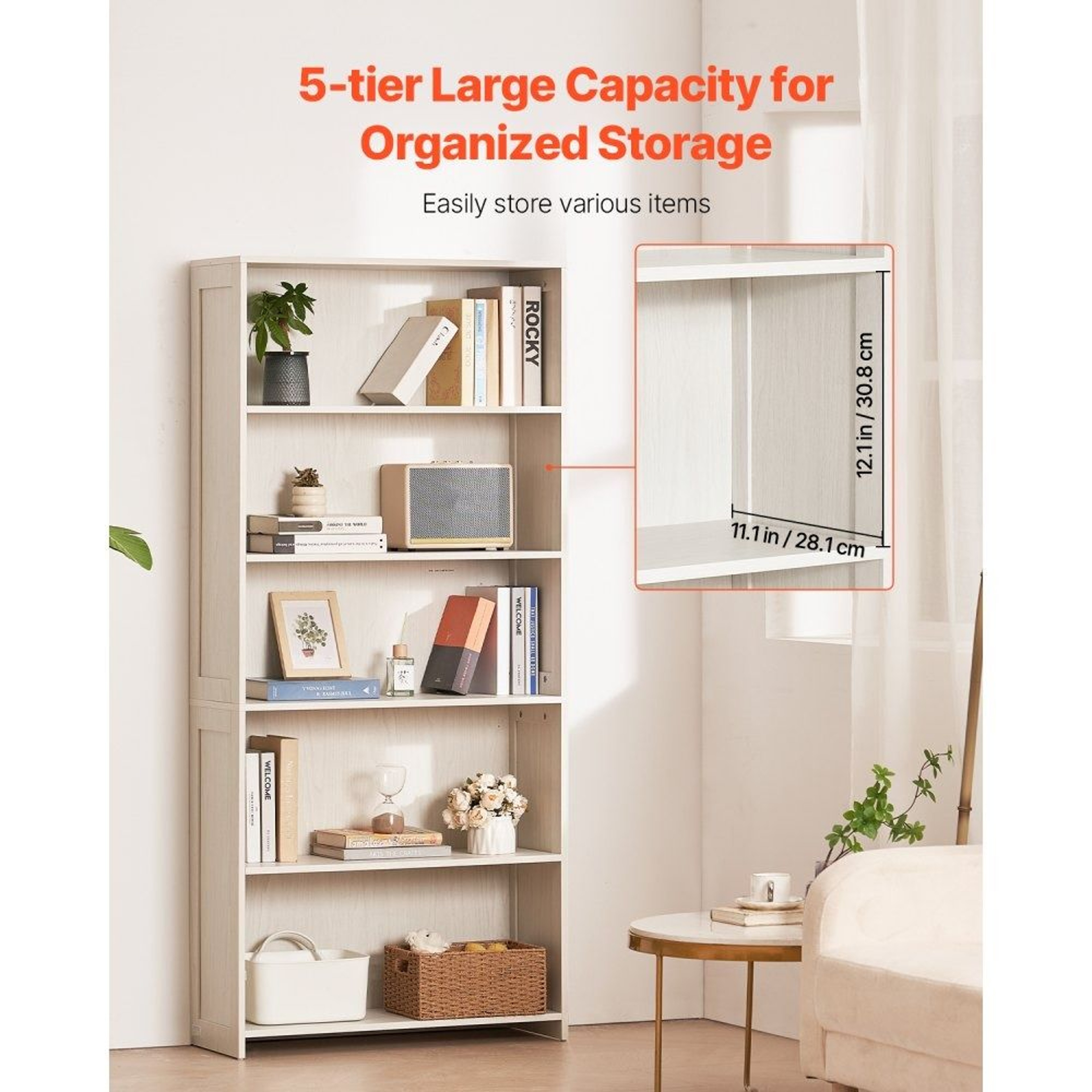5 Tier Wide Wooden Open Bookshelf Freestanding Tall Display Organizer White 2