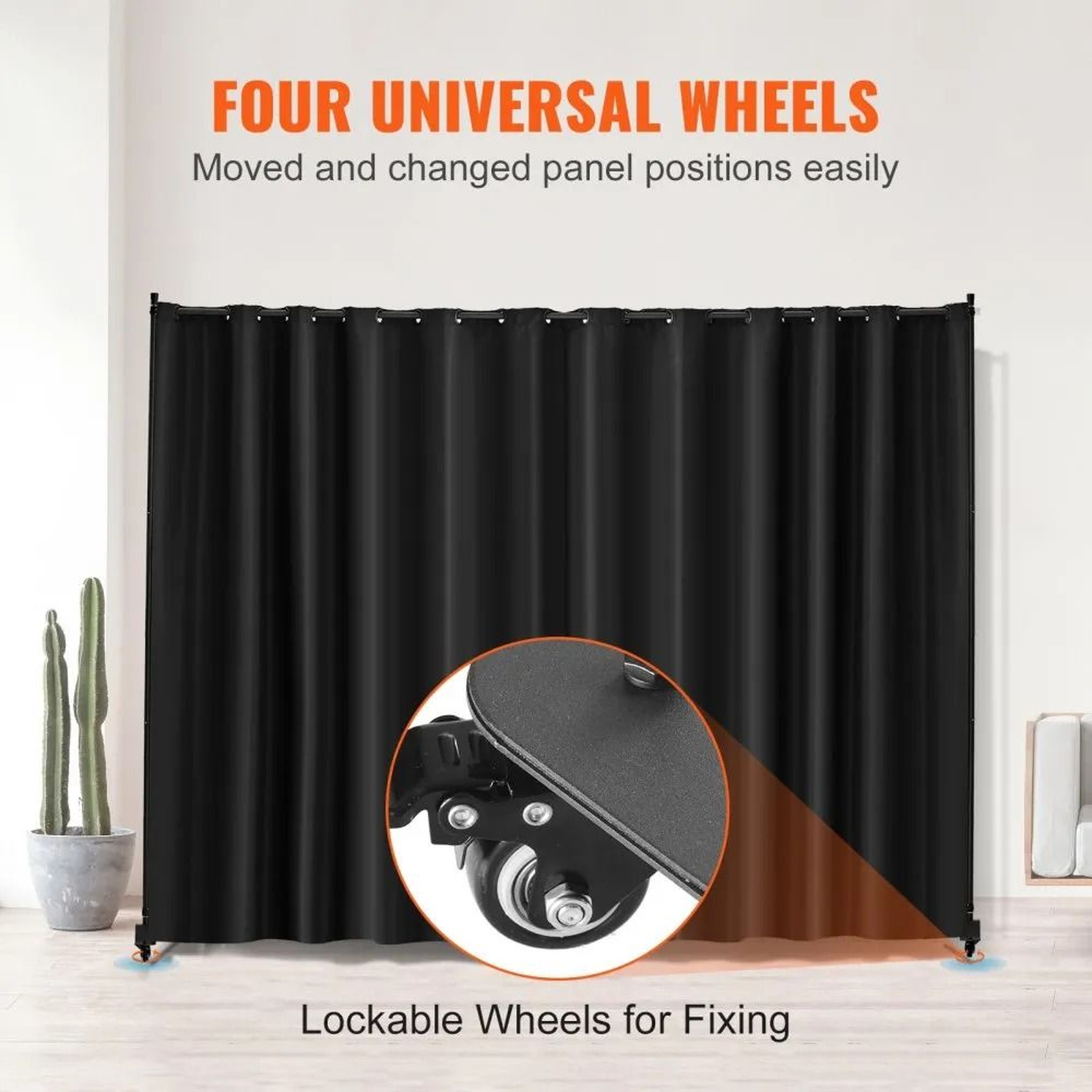 Portable Panel Room Divider Privacy Screen With Wheels And Curtain Stand Black 5
