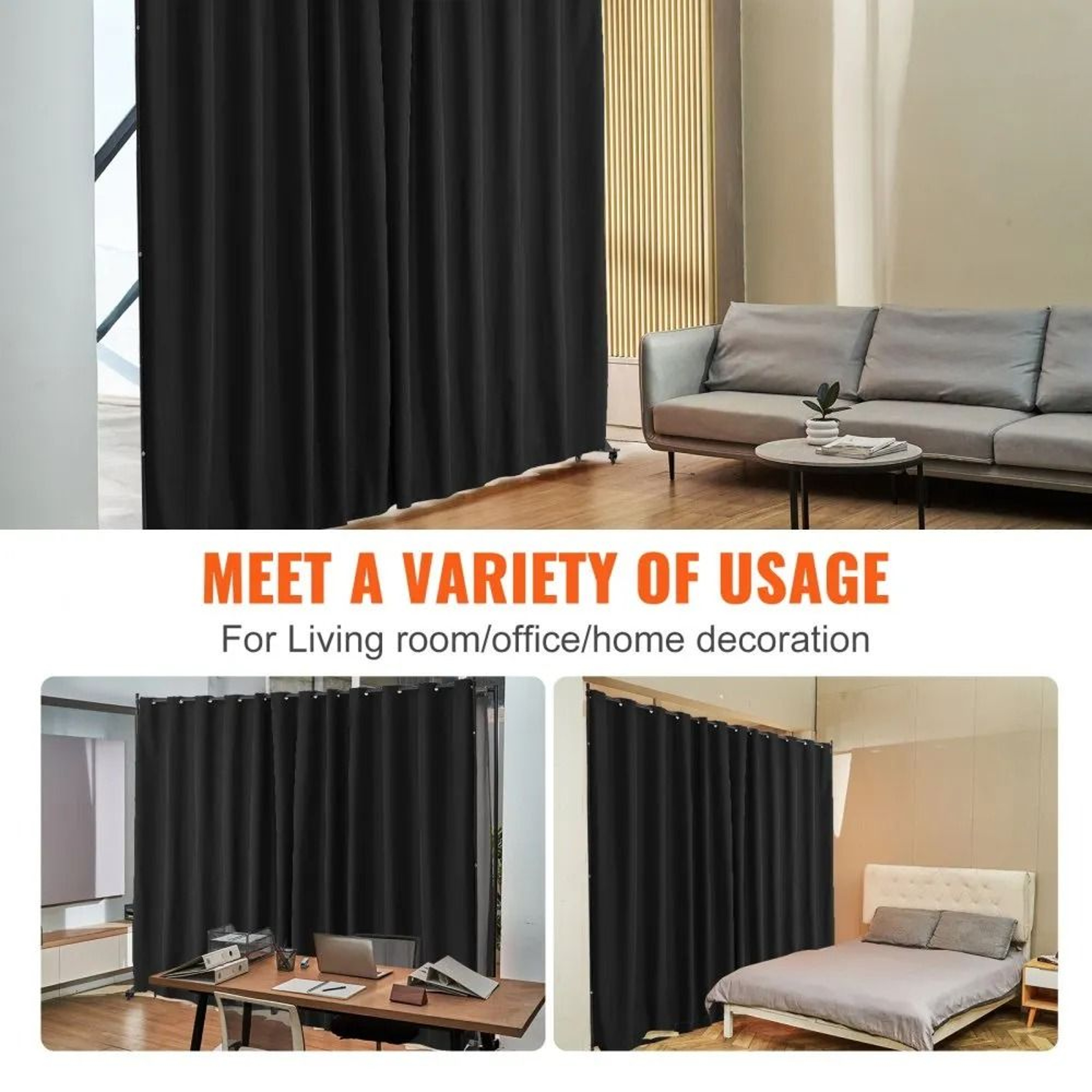 Portable Panel Room Divider Privacy Screen With Wheels And Curtain Stand Black 4