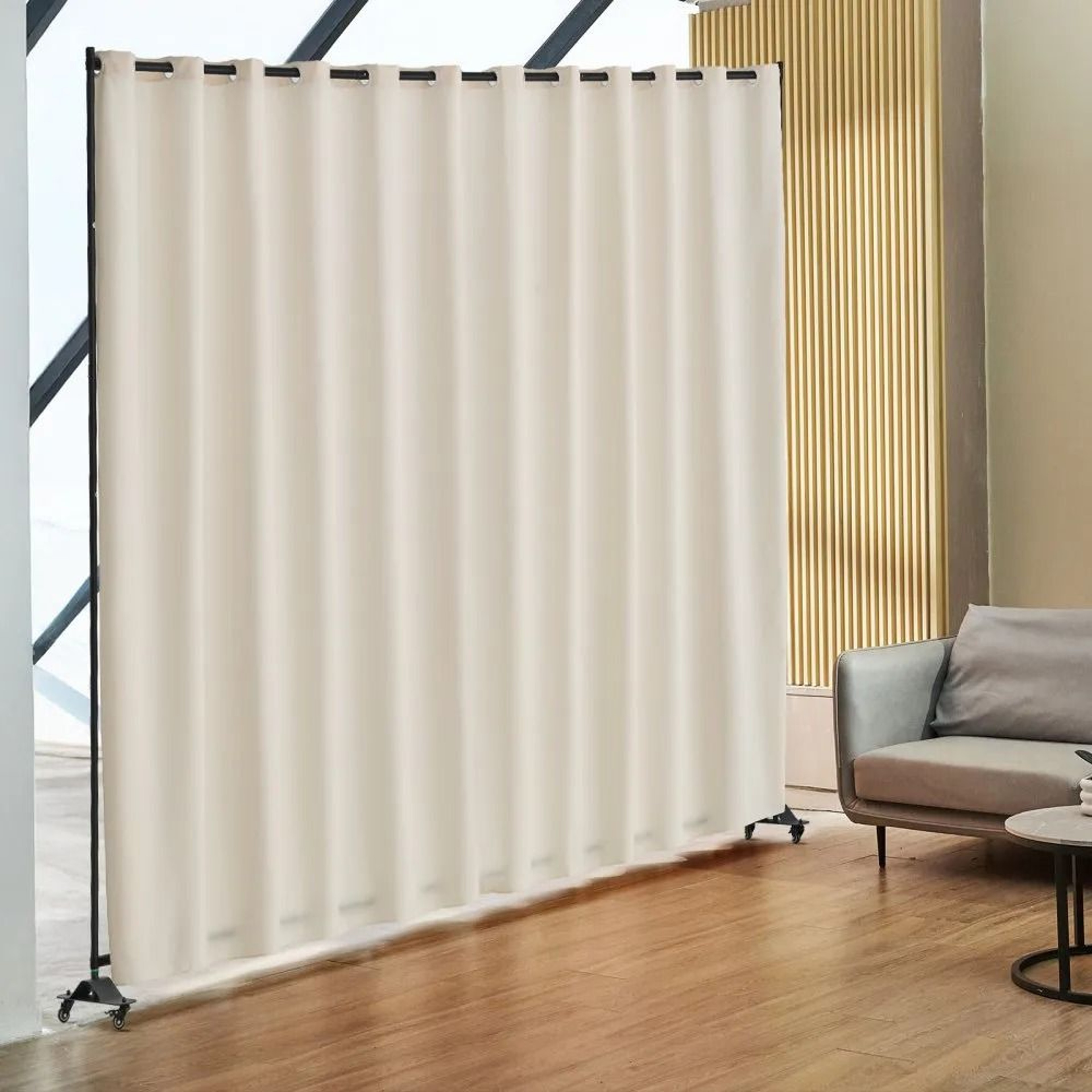 Portable Panel Room Divider With Wheels Freestanding Privacy Screen Curtain Stand Beige 7
