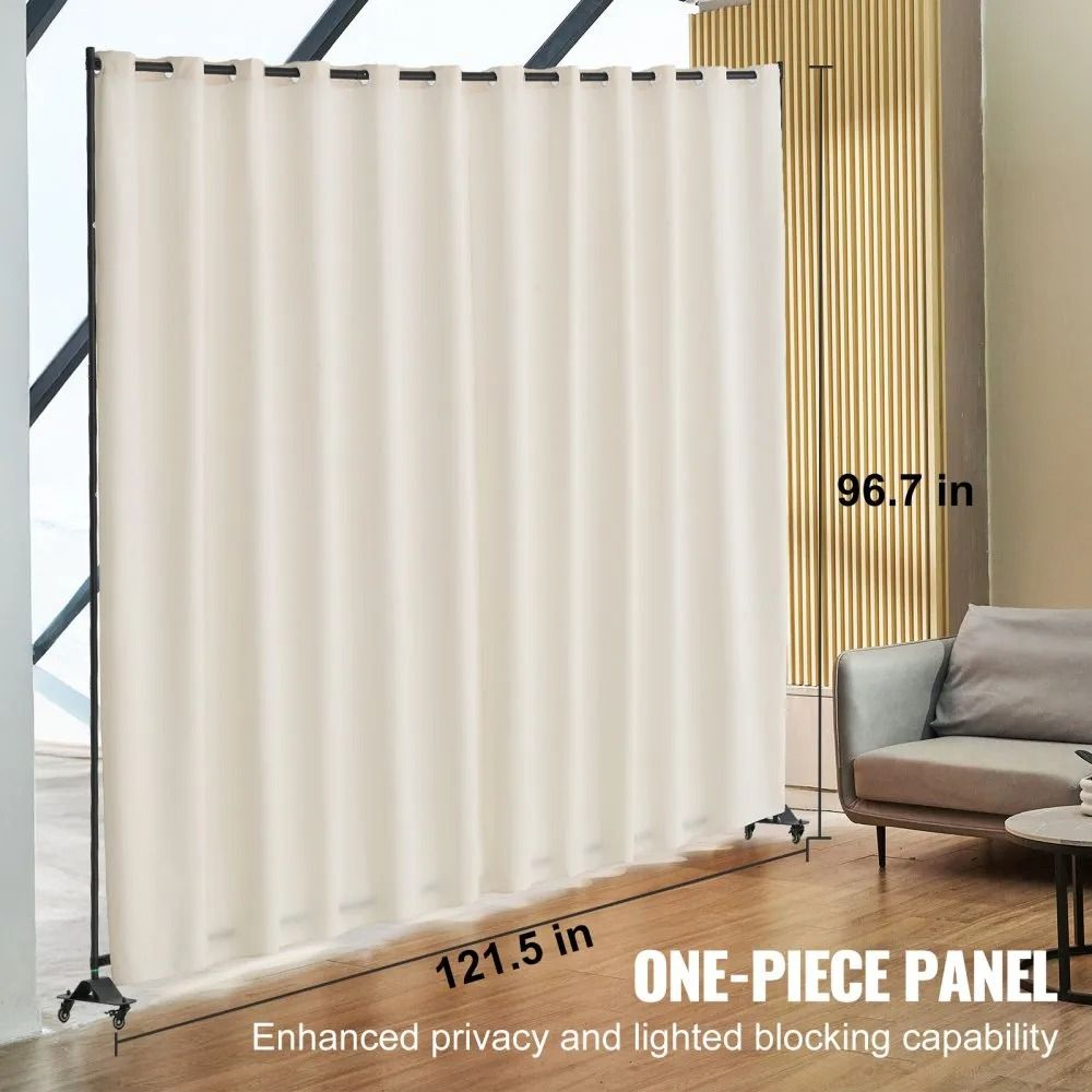 Portable Panel Room Divider With Wheels Freestanding Privacy Screen Curtain Stand Beige 4