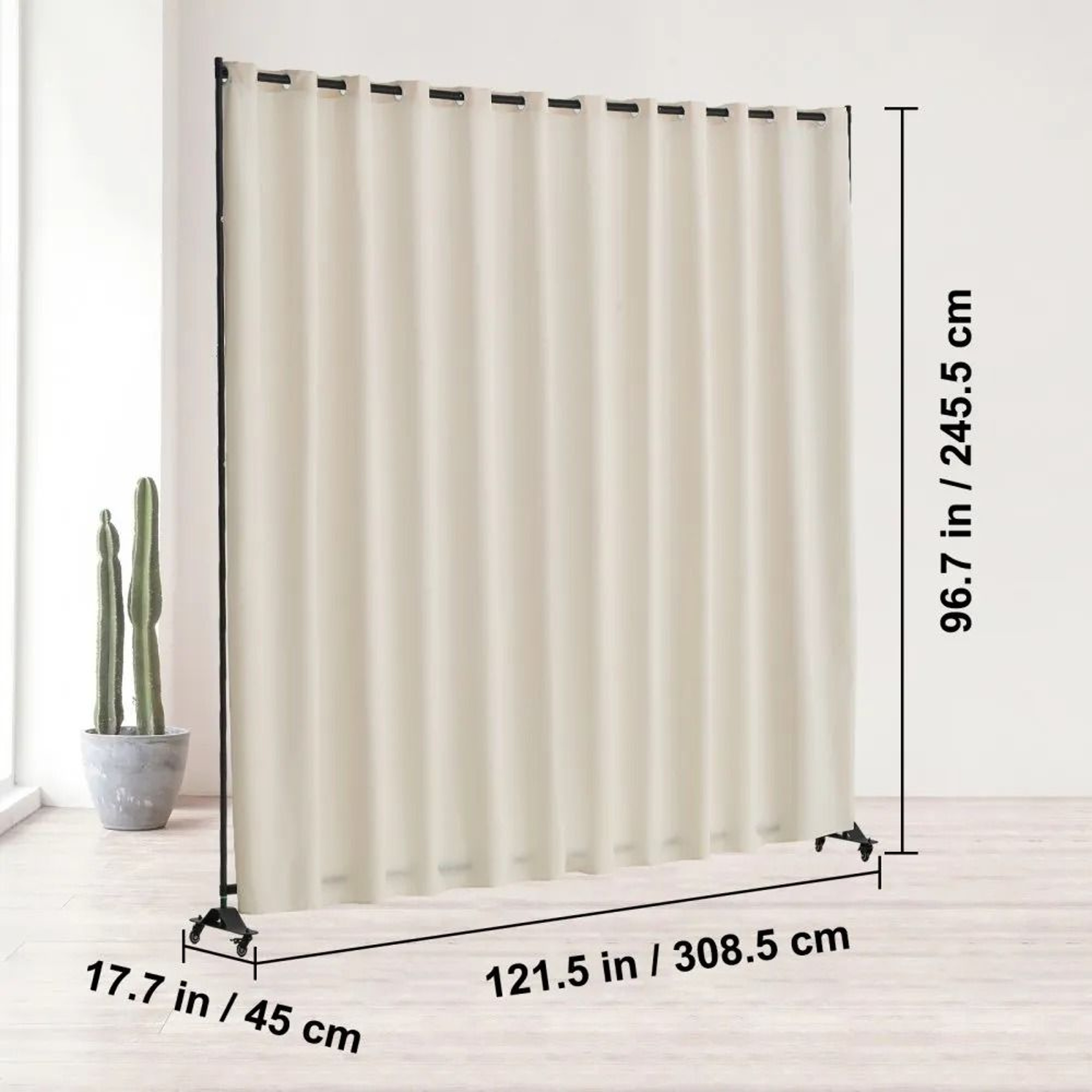Portable Panel Room Divider With Wheels Freestanding Privacy Screen Curtain Stand Beige 6