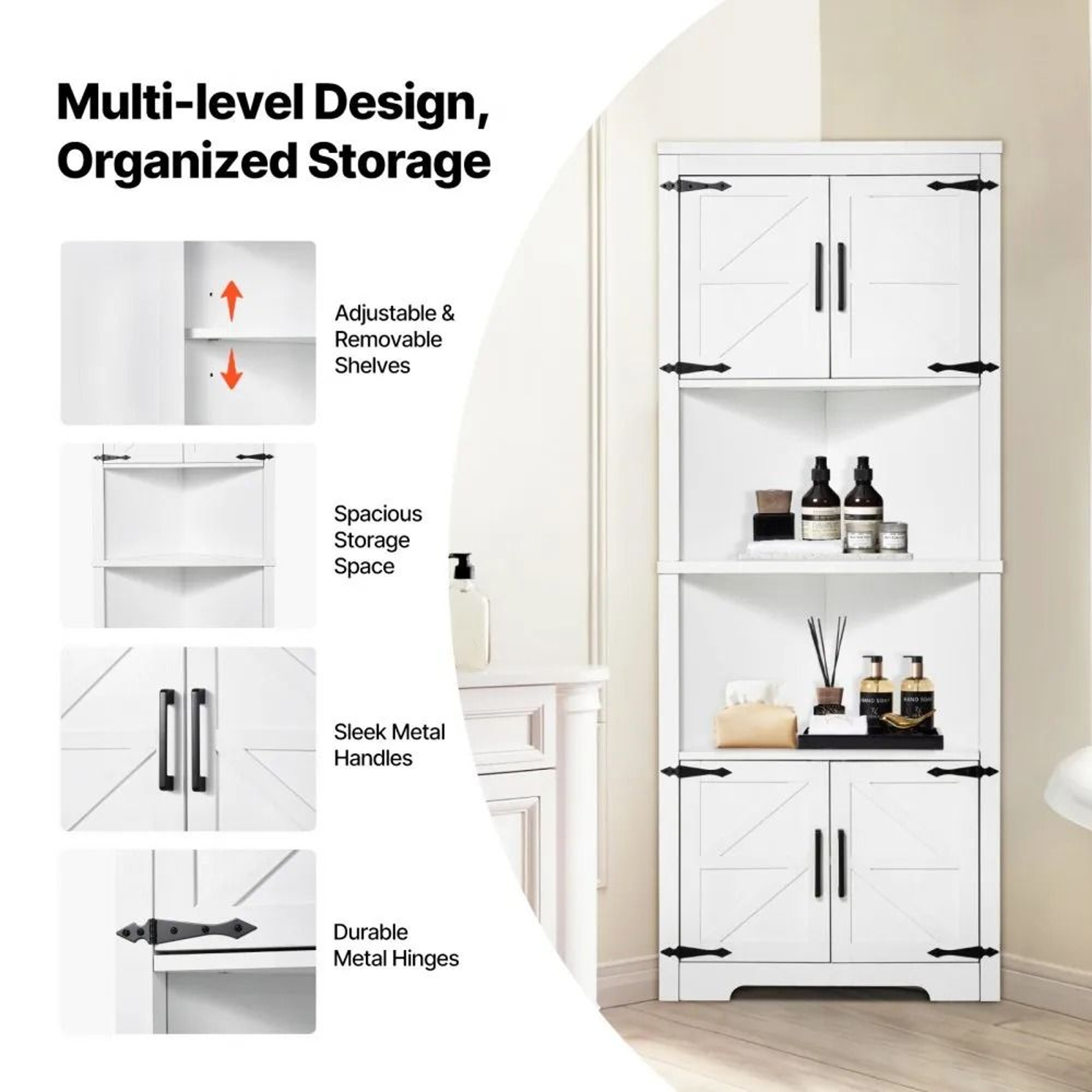 68 Tall 6 Tier Farmhouse Corner Storage Cabinet With 4 Doors And Adjustable Shelves White 2