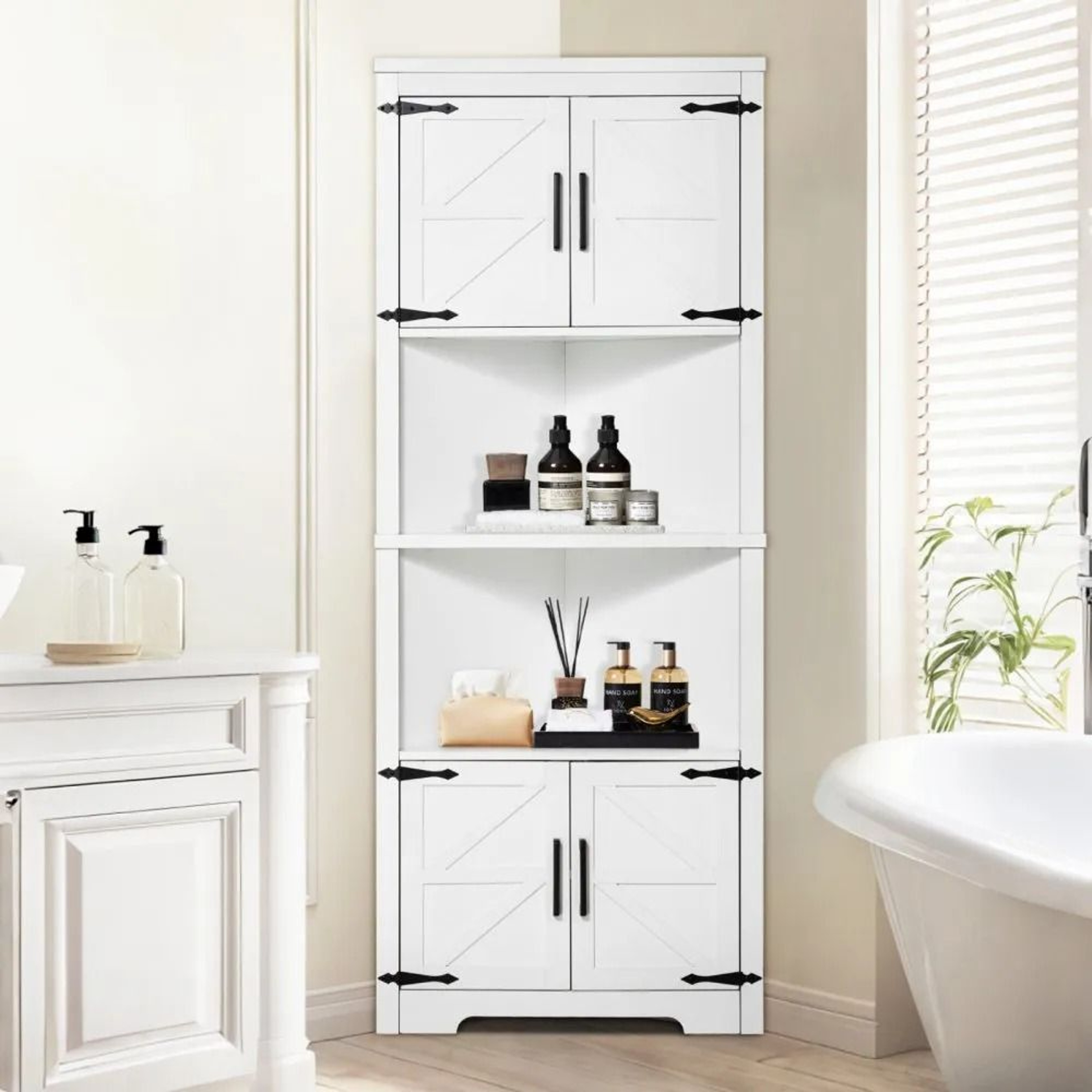68 Tall 6 Tier Farmhouse Corner Storage Cabinet With 4 Doors And Adjustable Shelves White 5