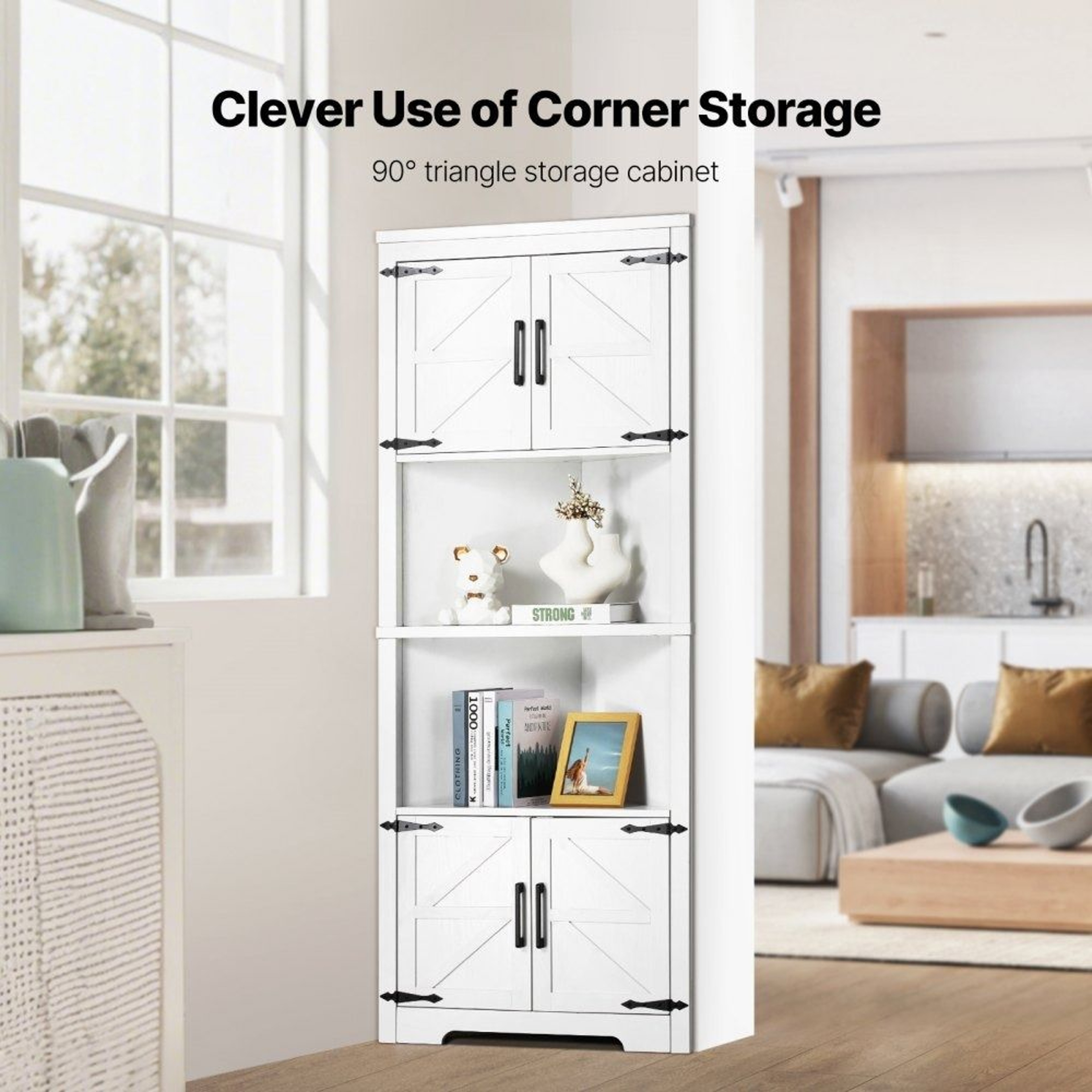 68 Tall 6 Tier Farmhouse Corner Storage Cabinet With 4 Doors And Adjustable Shelves White 4