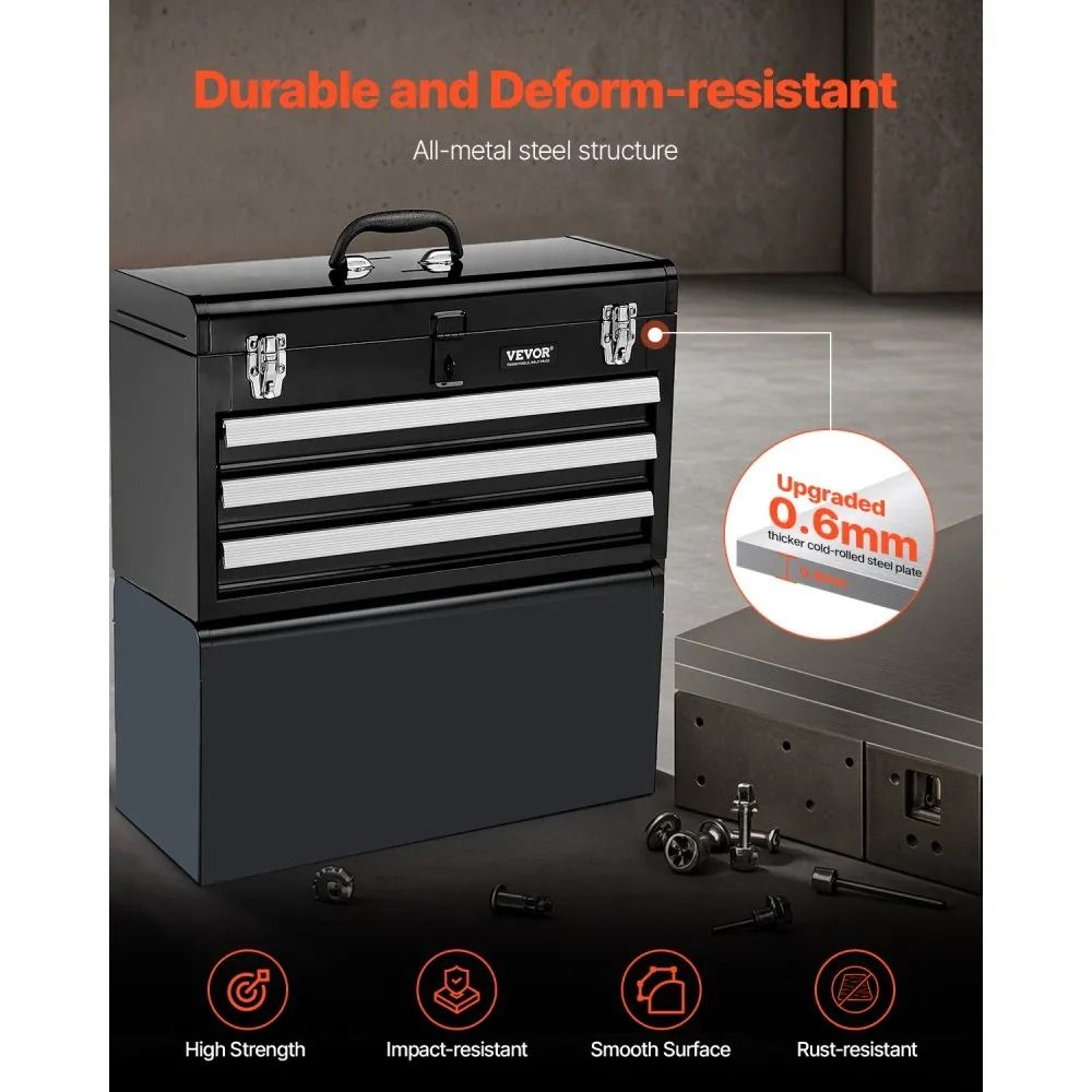 Portable Metal Tool Box With 3 Drawers And Locking Lid 205 Inch 2