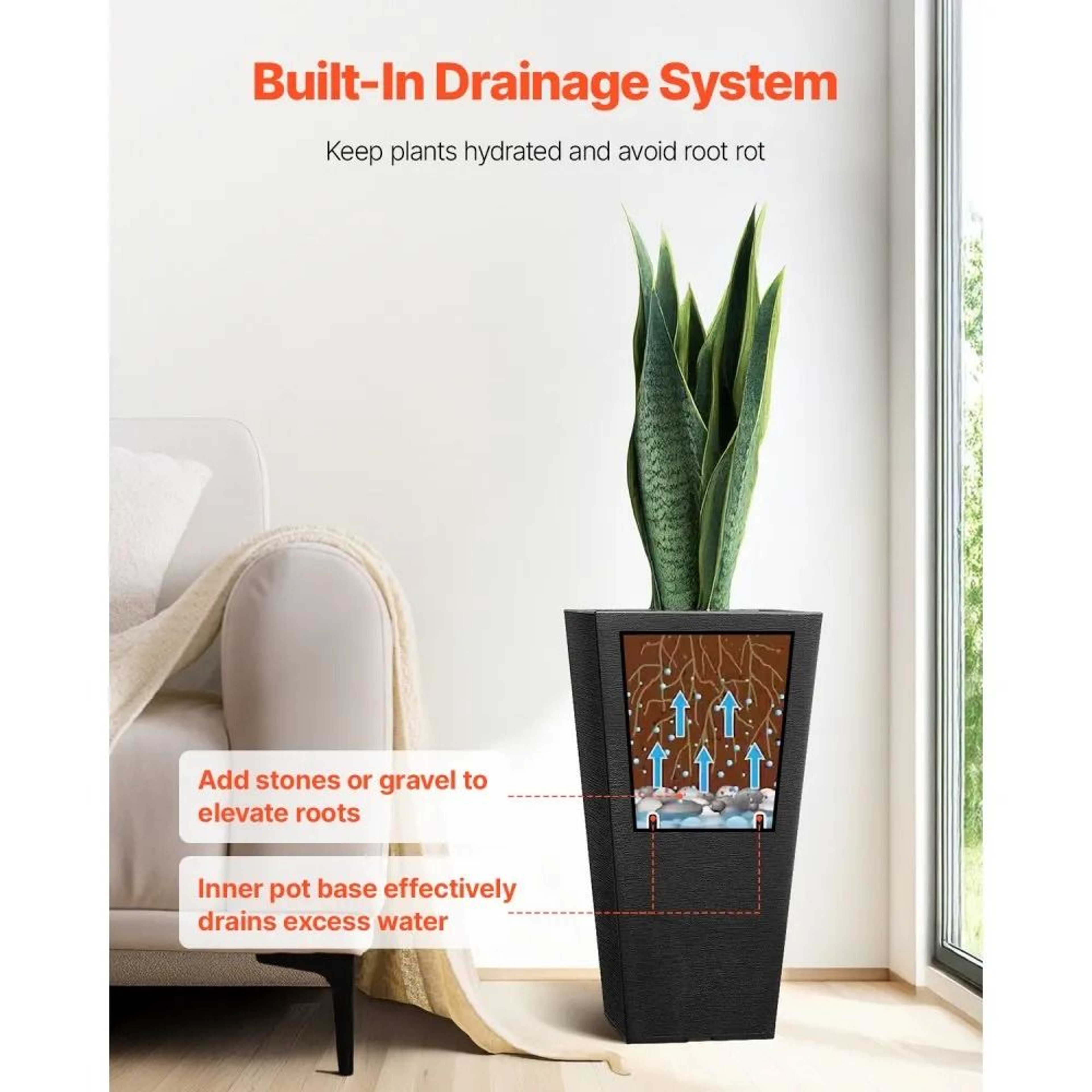 Set Of 2 Tall Outdoor Planters 22 Inch Black Tapered Square Plant Pots With Drainage 5