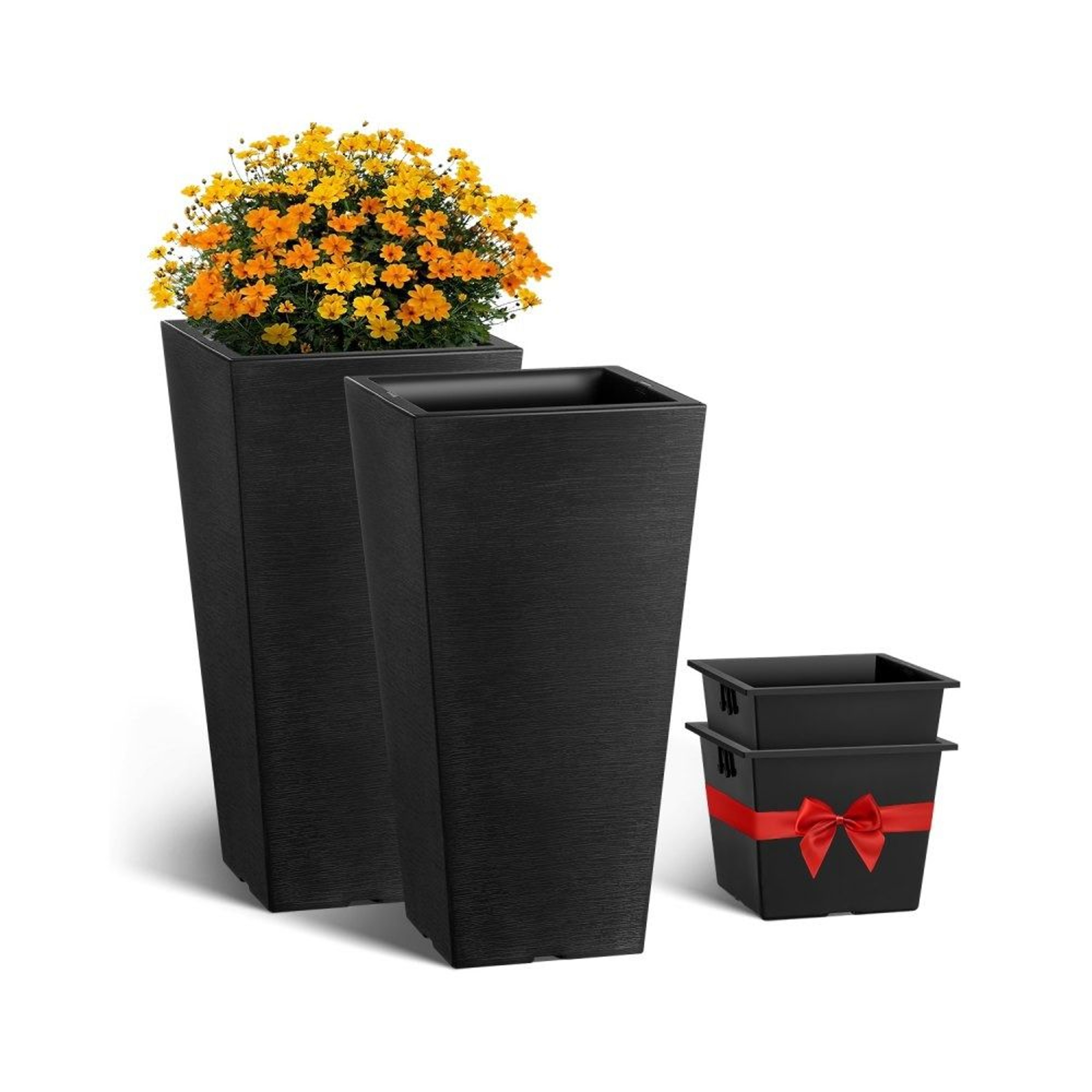 Set Of 2 Tall Outdoor Planters 22 Inch Black Tapered Square Plant Pots With Drainage 0