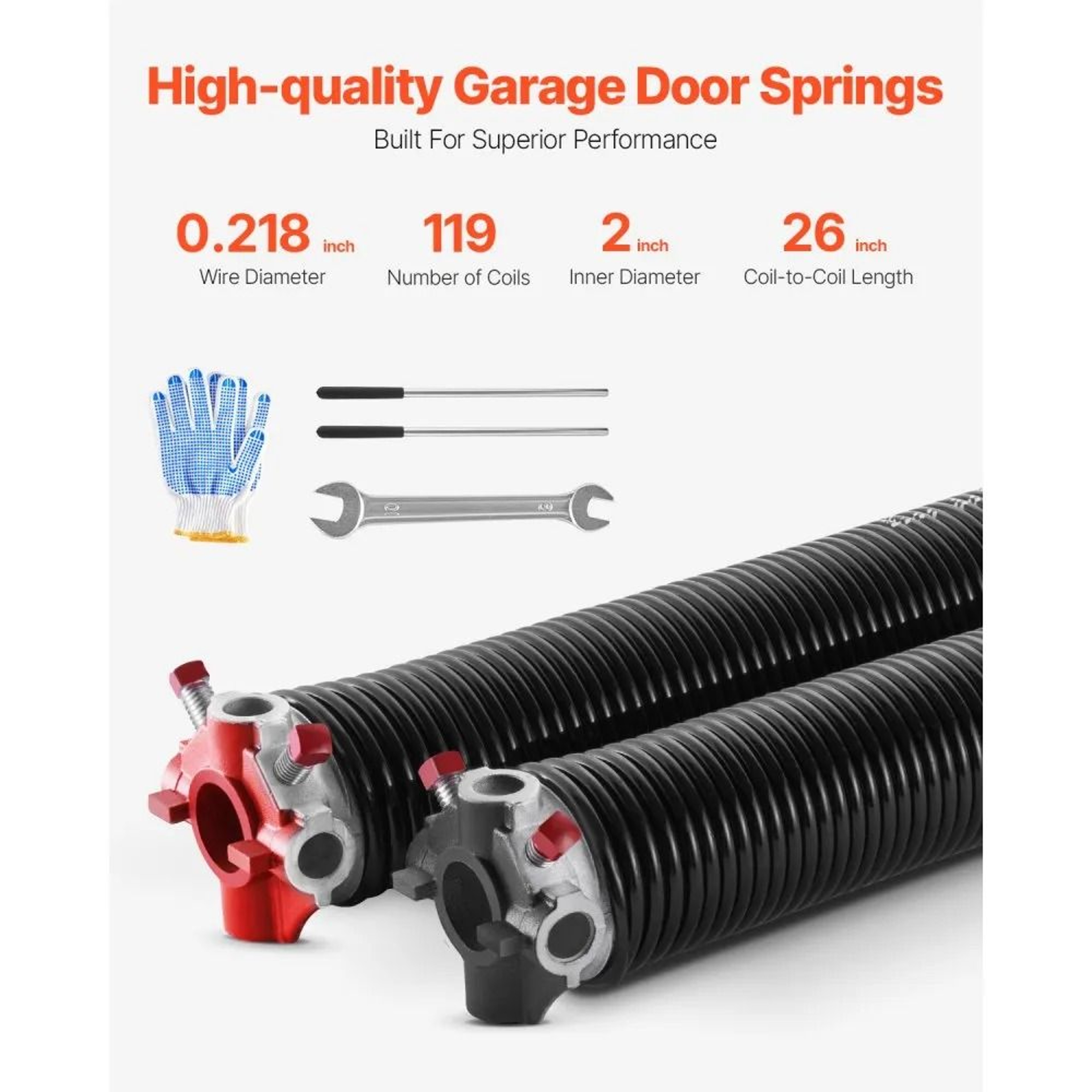 Garage Door Torsion Springs 0218 X 2 X 26 Inch Pair With Winding Bars And Gloves 1