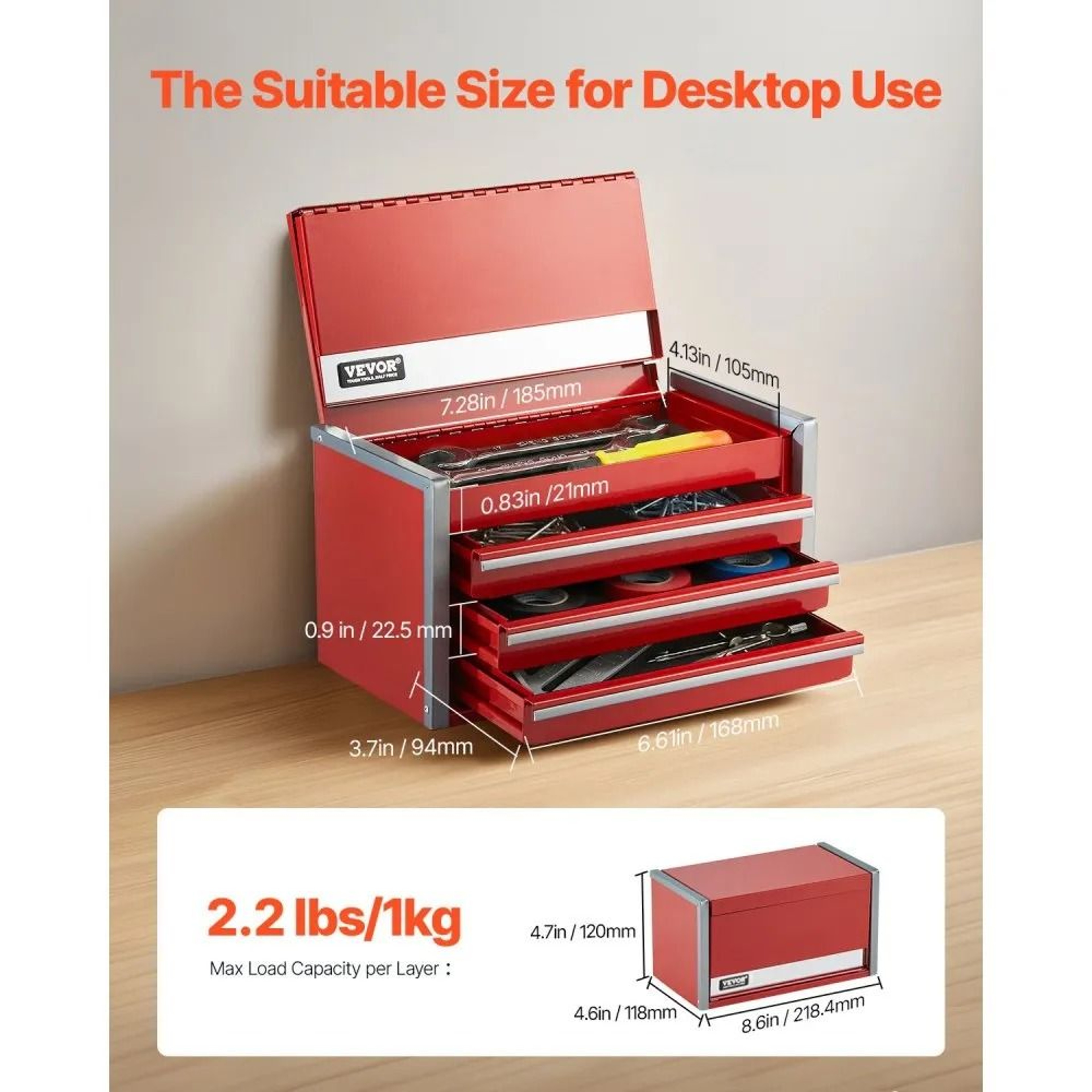 Mini Metal Tool Box With 3 Drawers And Magnetic Locking Lid  Red 5