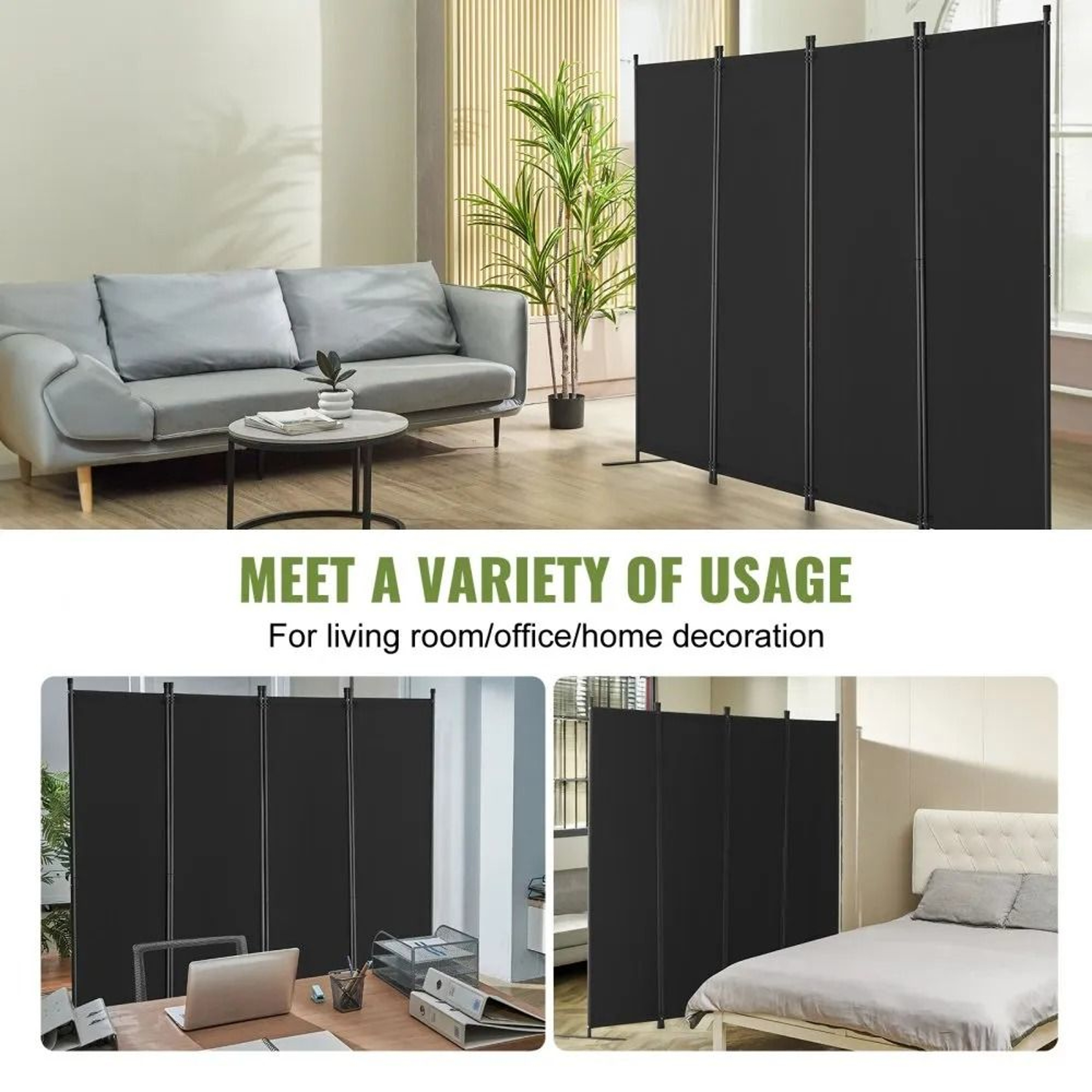 4 Panel Folding Room Divider With Freestanding Privacy Screen In Black 5