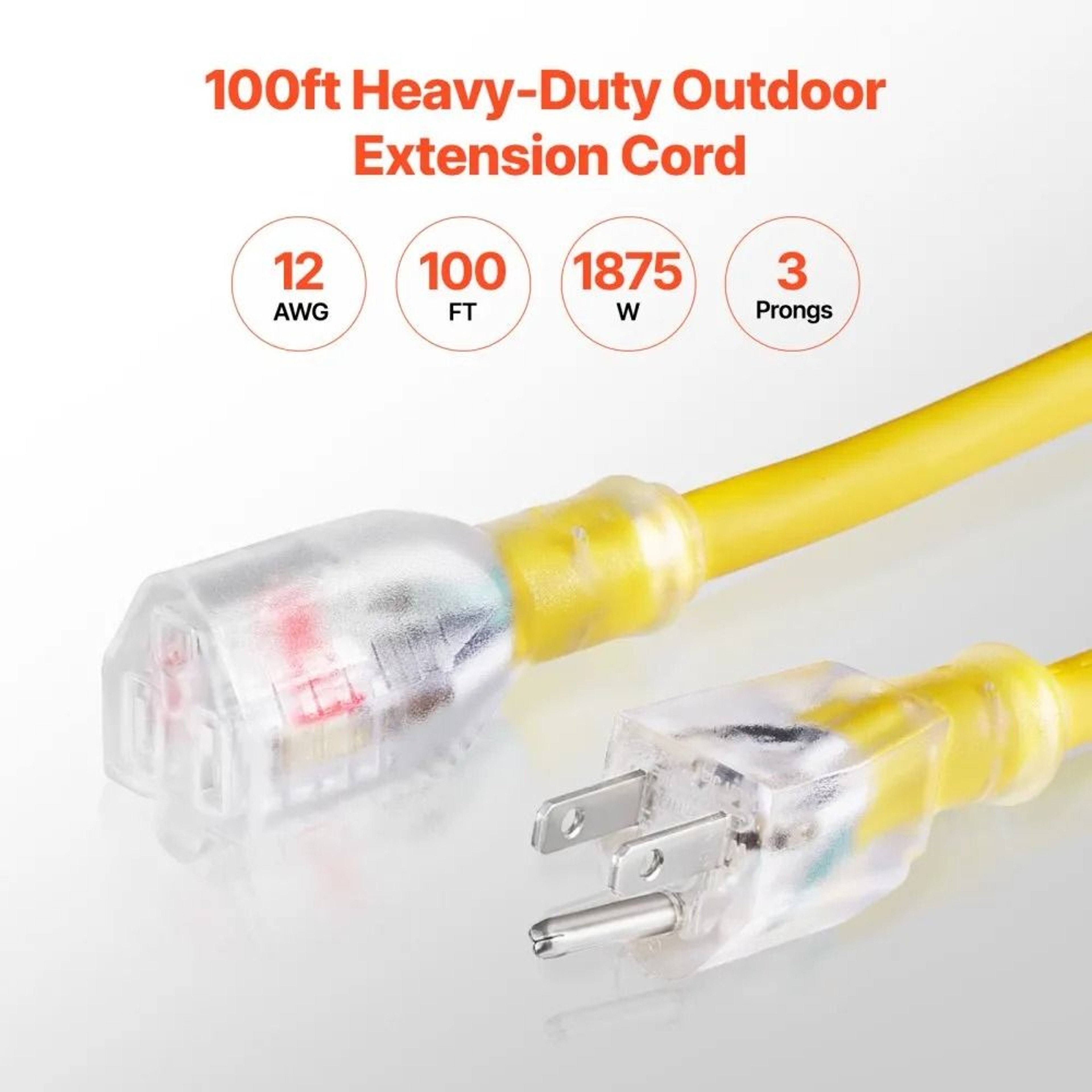 100FT Heavy Duty Extension Cord 12 AWG 15A With Lighted End For Indoor And Outdoor Use 2