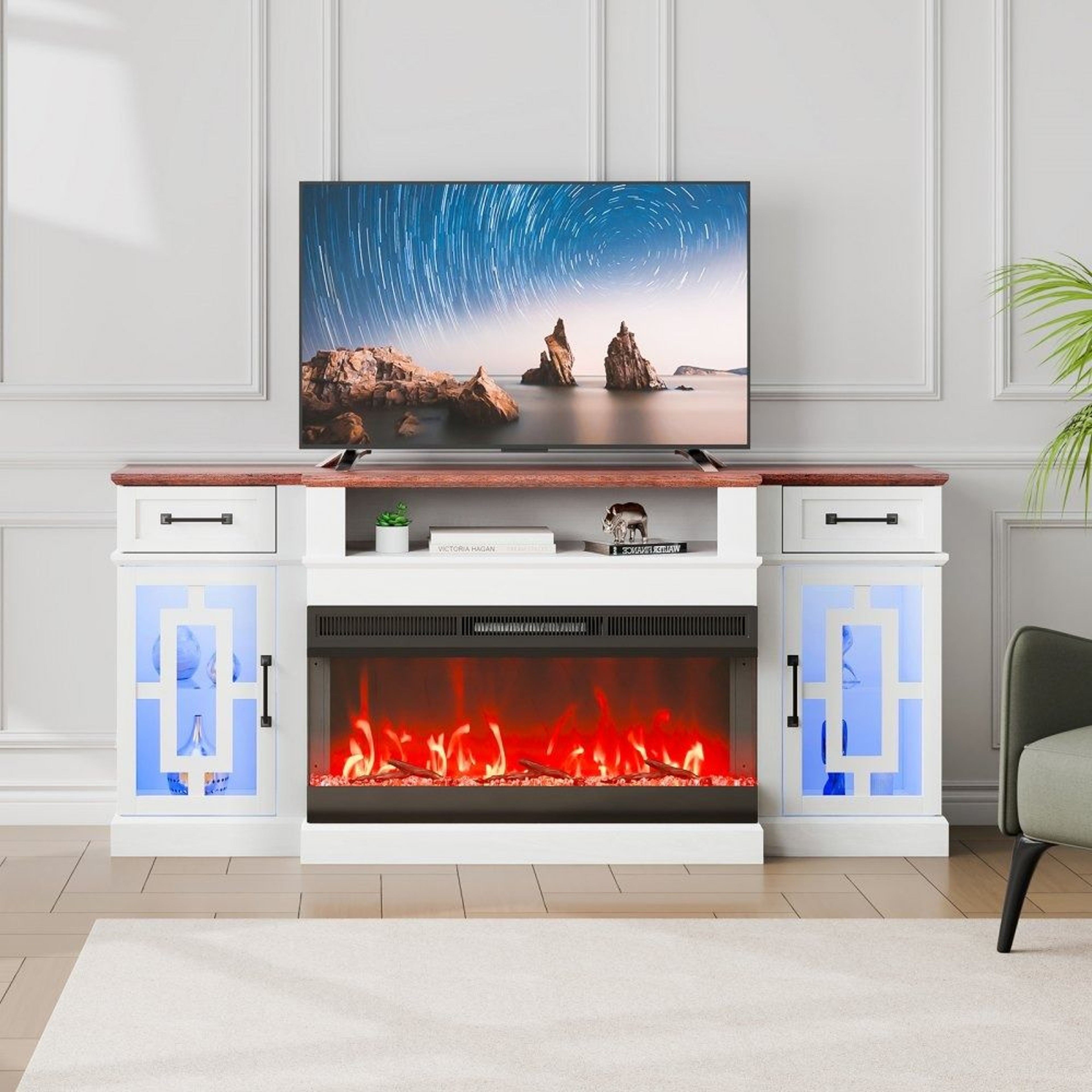 Fireplace TV Stand For 80Inch TVs With 36Inch Electric Fireplace And LED Lights 5