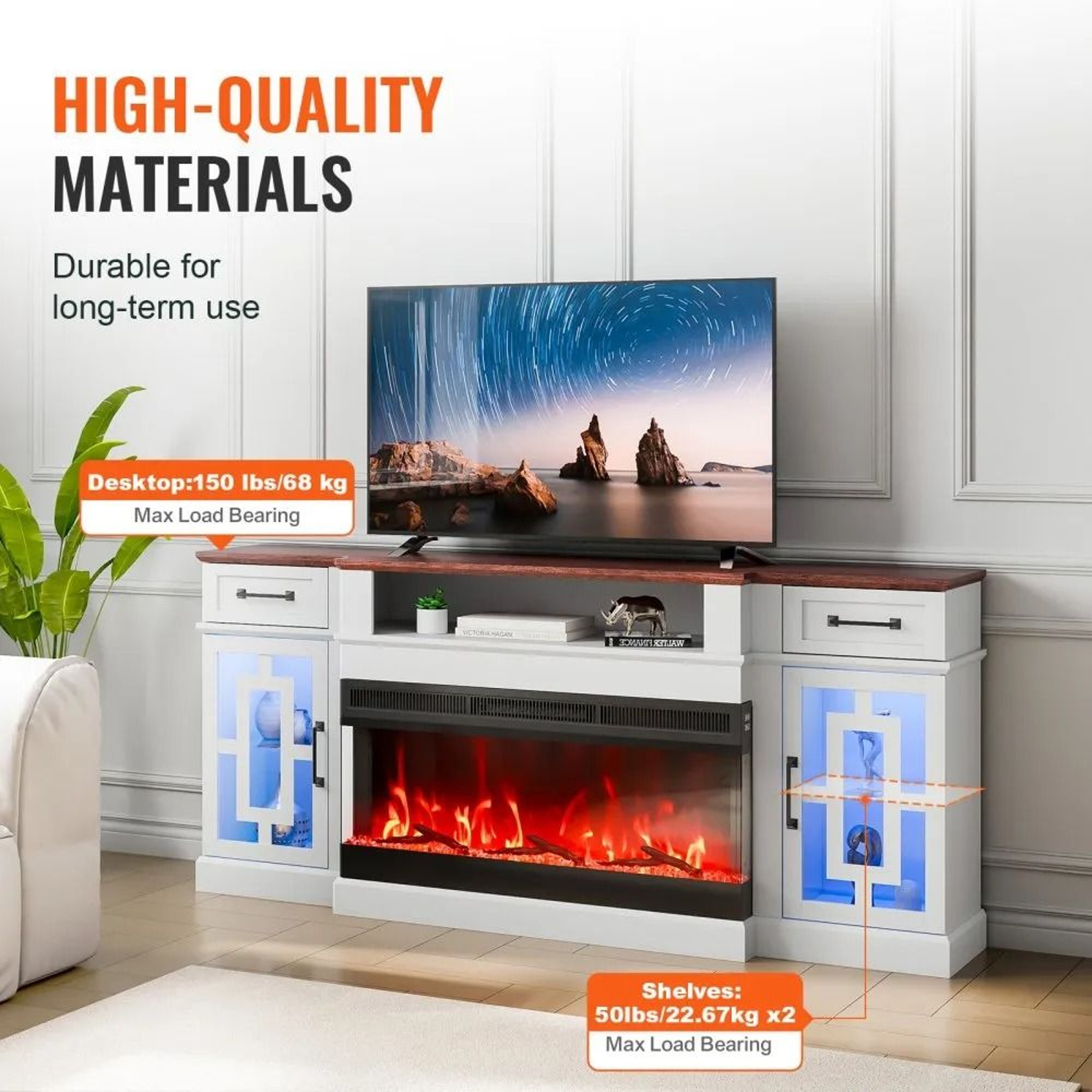 Fireplace TV Stand For 80Inch TVs With 36Inch Electric Fireplace And LED Lights 4