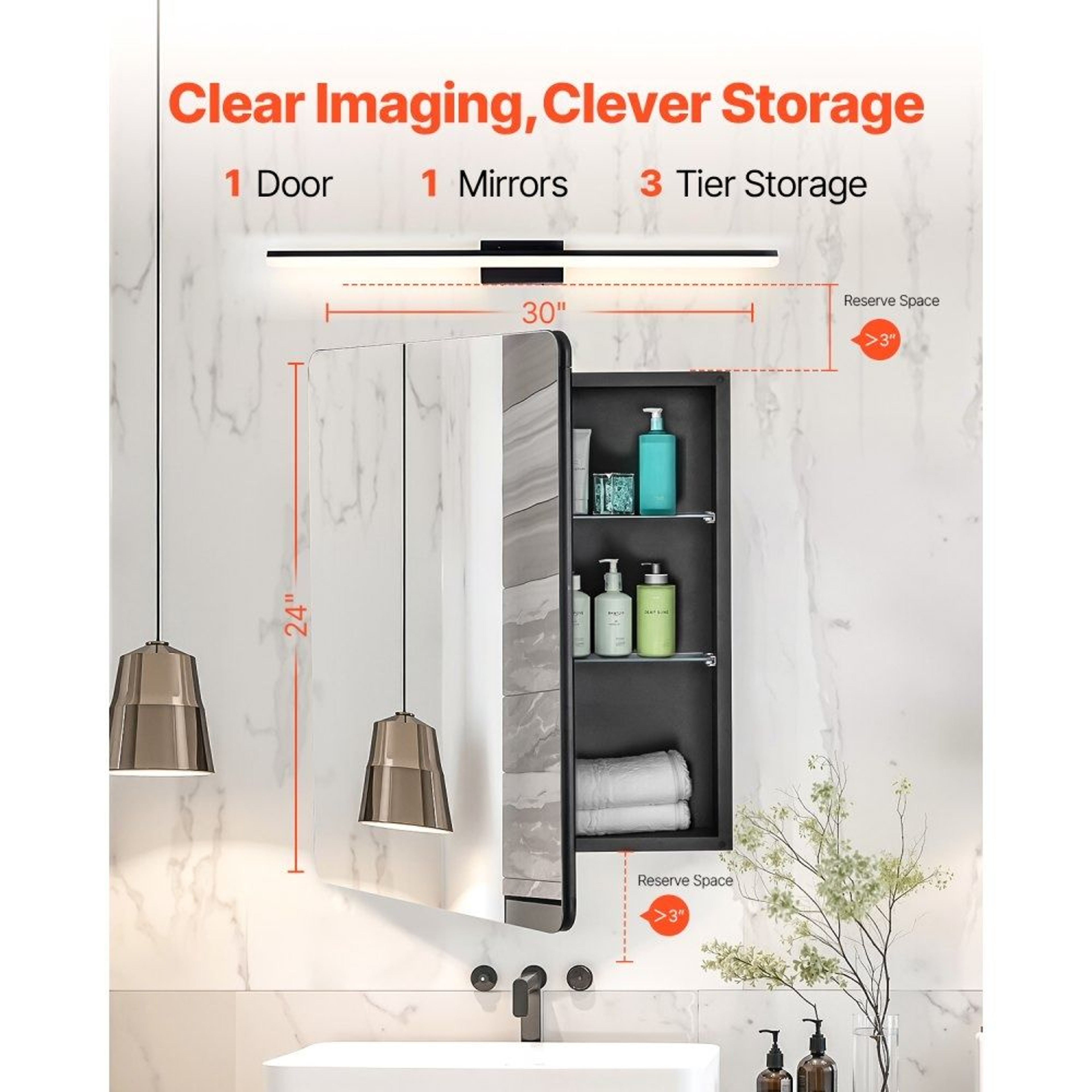 Bathroom Medicine Cabinet With Mirror 24 X 30 Inch And Adjustable Glass Shelves 3
