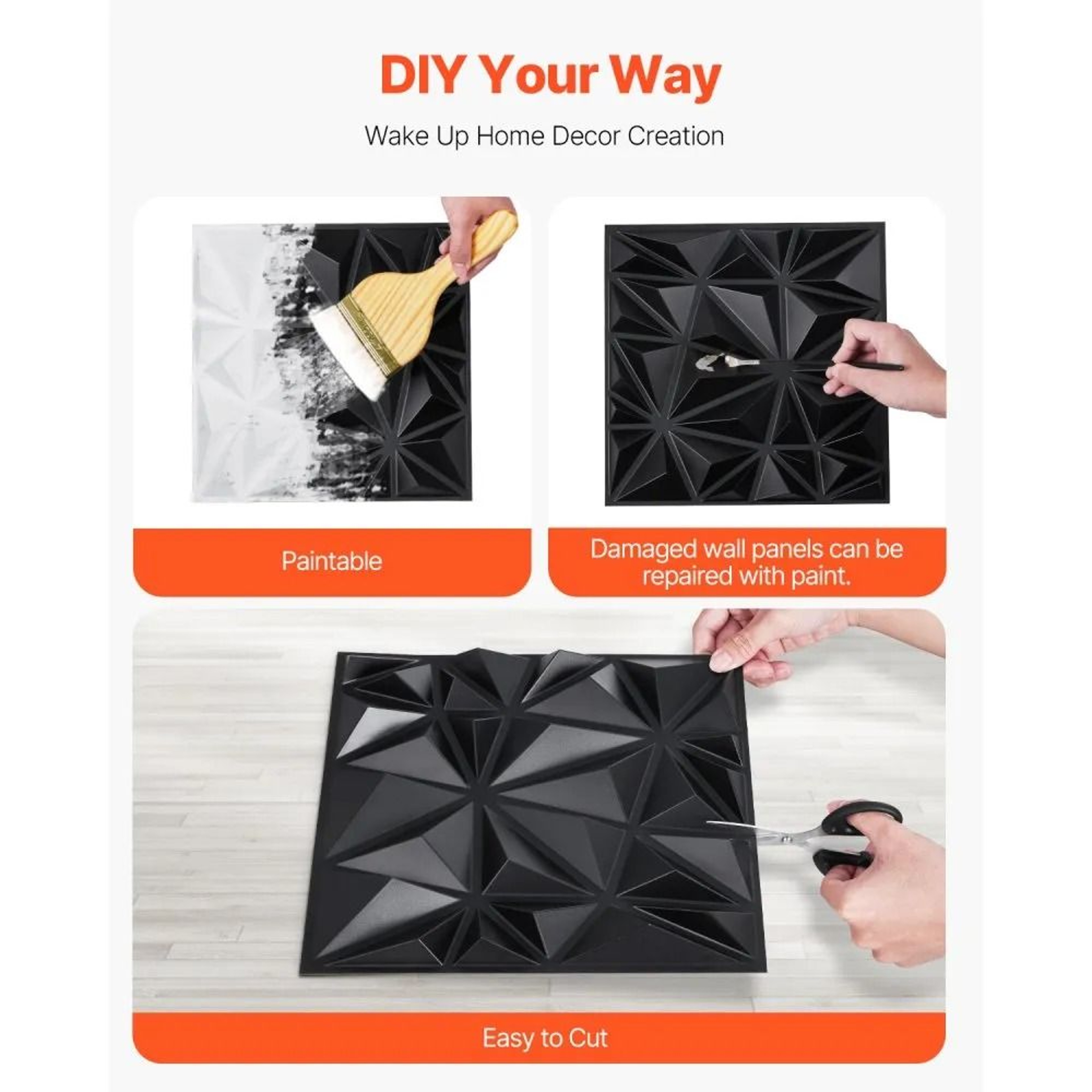 3D Wall Panels 33Pack PVC Diamond Textured Tiles In Matte Black For Accent Walls 5