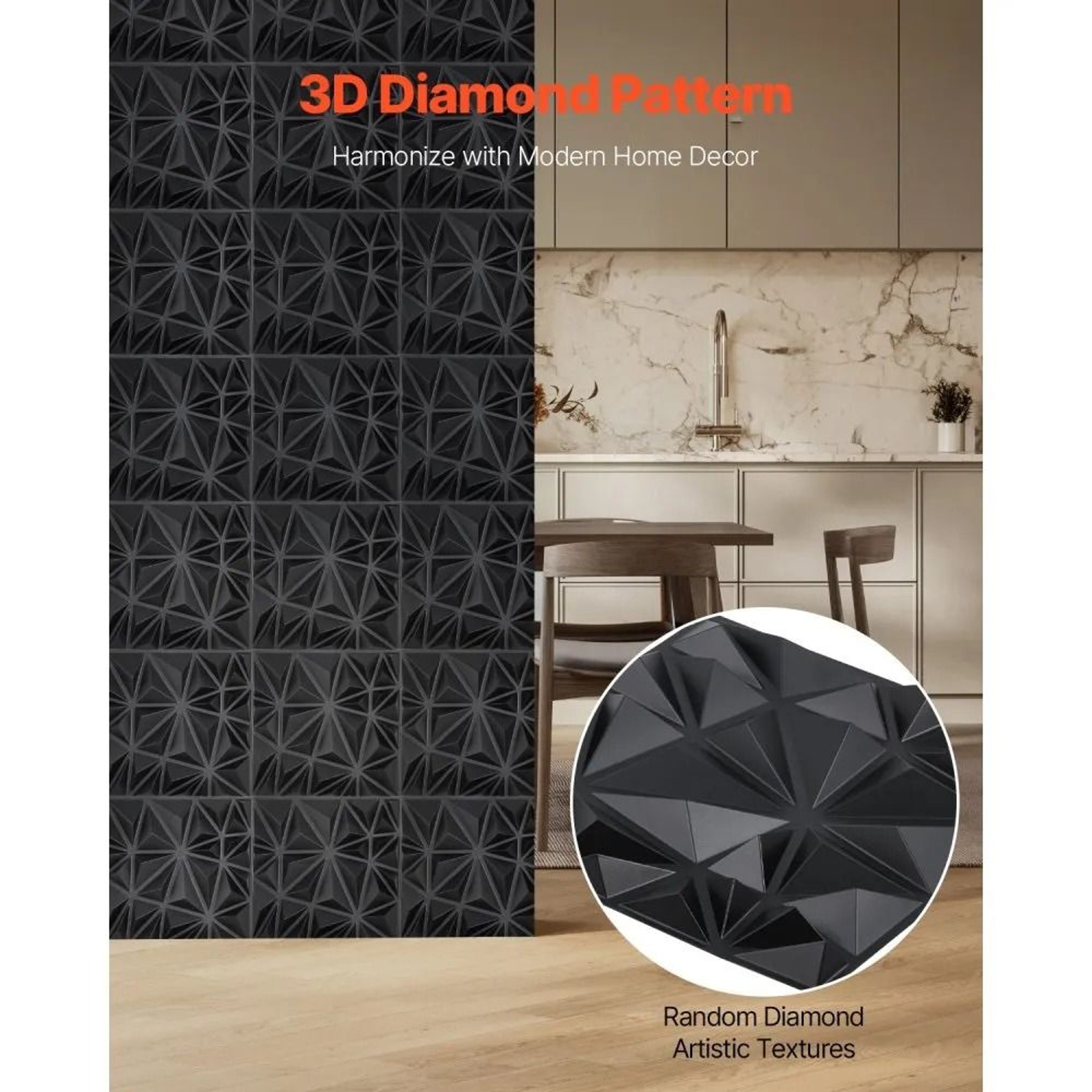 3D Wall Panels 33Pack PVC Diamond Textured Tiles In Matte Black For Accent Walls 1
