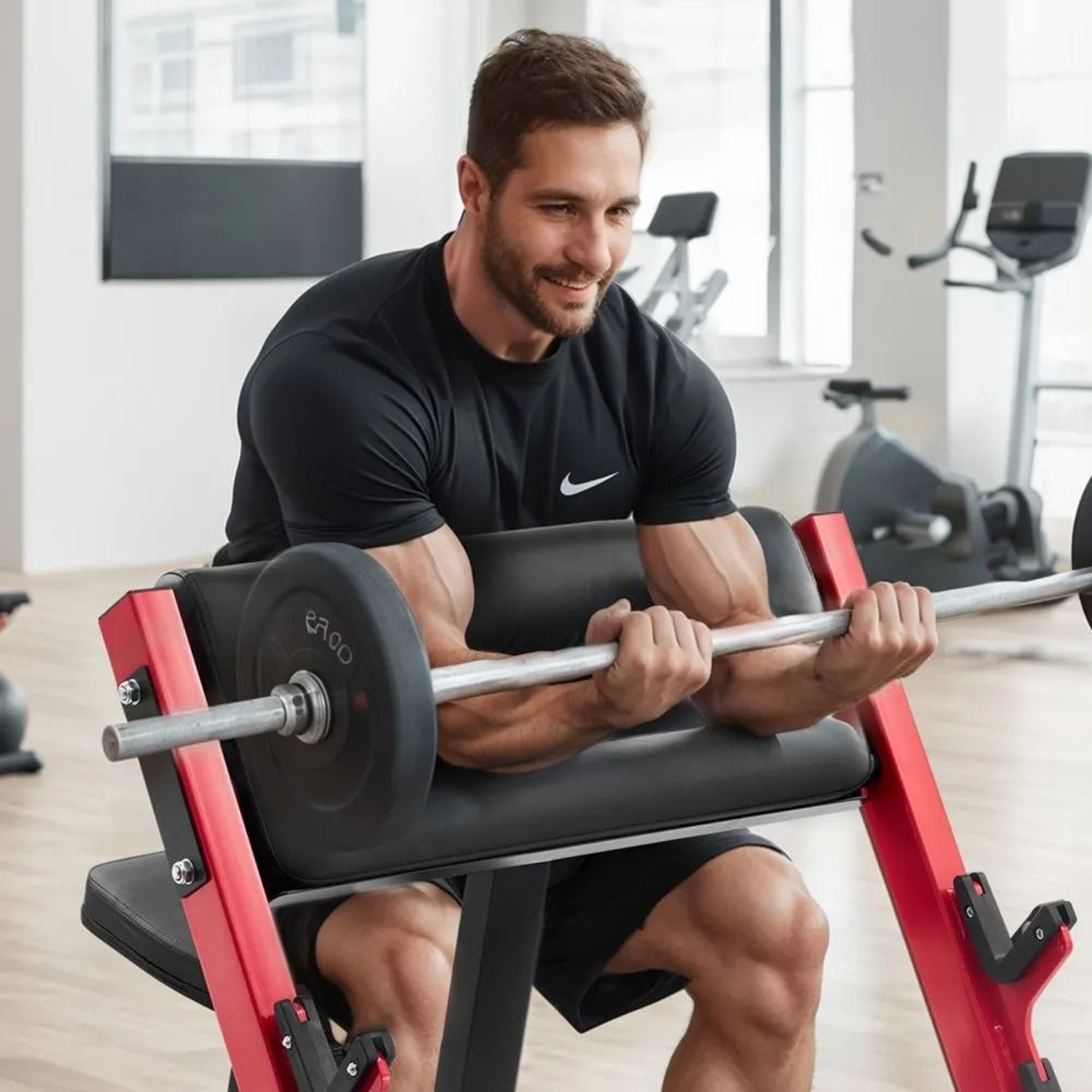 Preacher Curl Bench With Adjustable Seat And Barbell Holders For Bicep Training 5