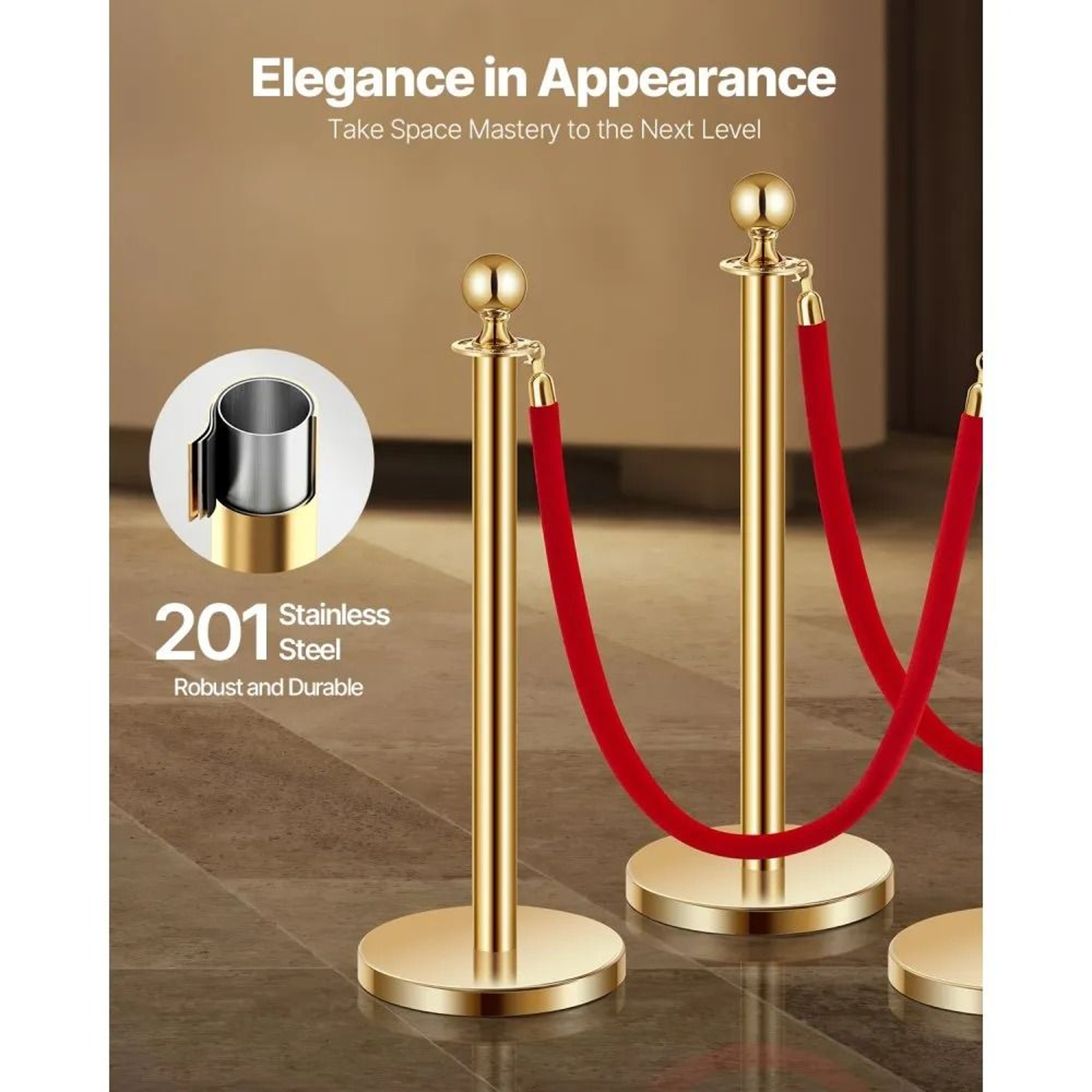 Gold Stanchions With Red Velvet Ropes And Fillable Bases For Crowd Control 1