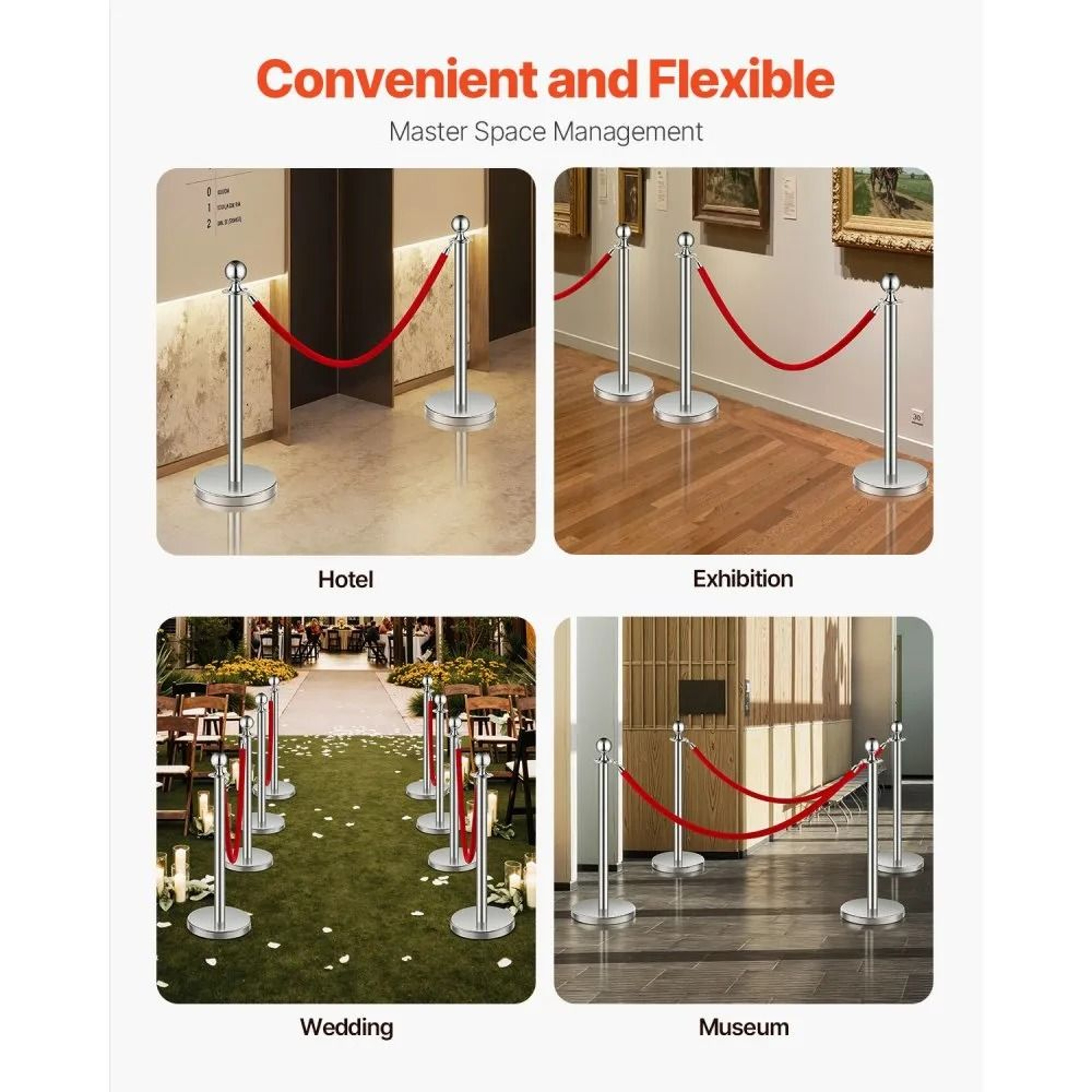 Stanchions And Velvet Ropes Set With Silver Stainless Steel Posts And Red Ropes 4