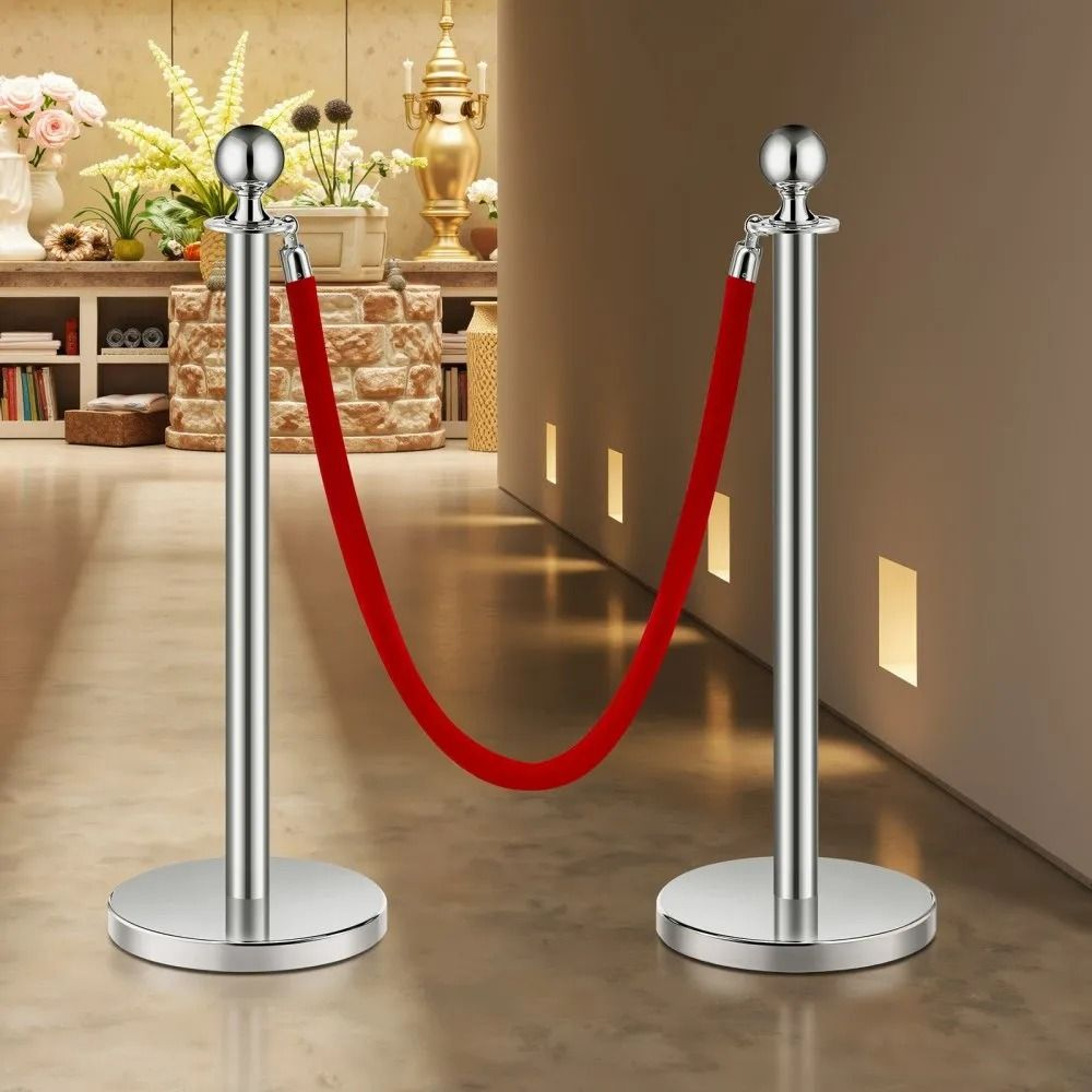 Stanchions And Velvet Ropes Set With Silver Stainless Steel Posts And Red Ropes 3