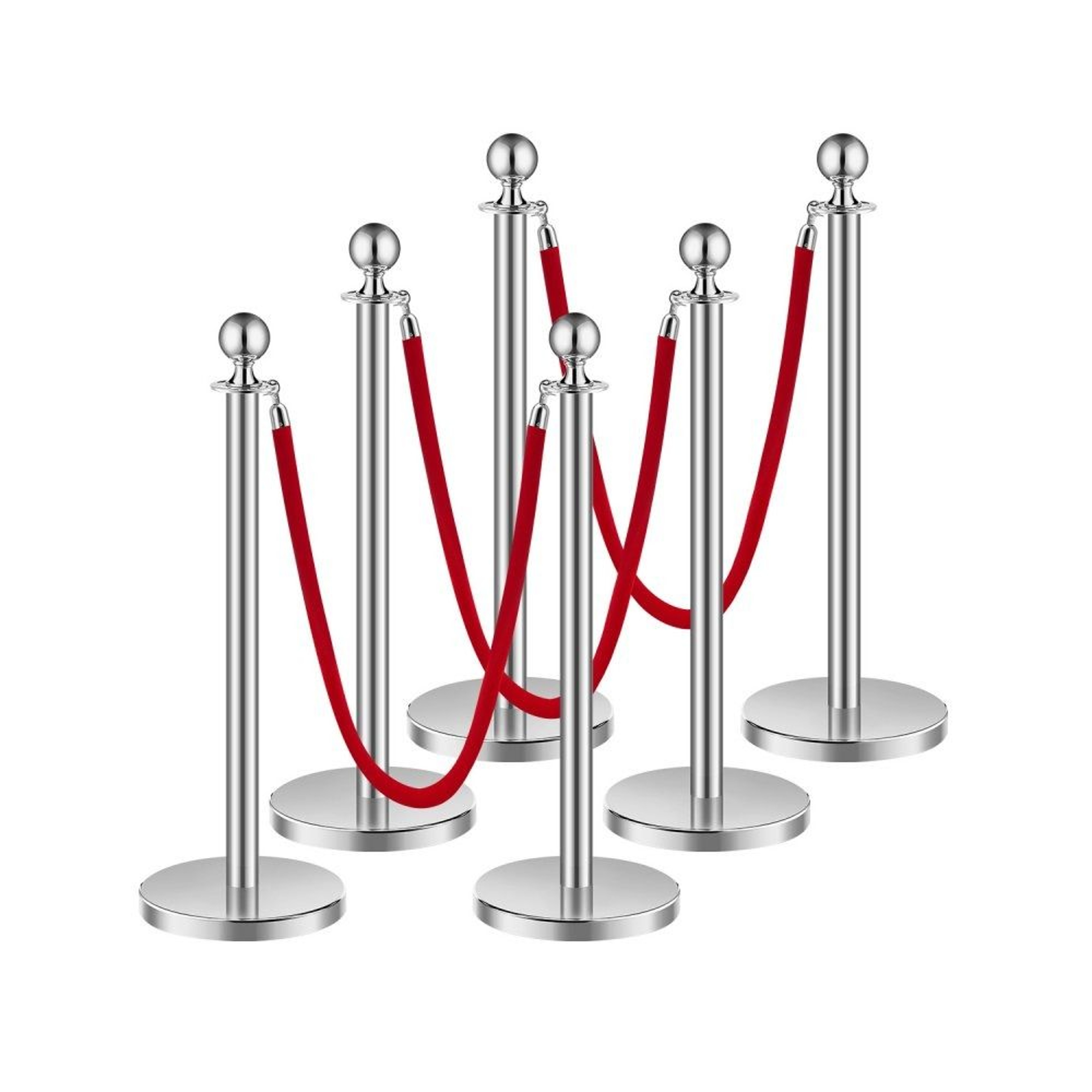 Stanchions And Velvet Ropes Set With Silver Stainless Steel Posts And Red Ropes 0