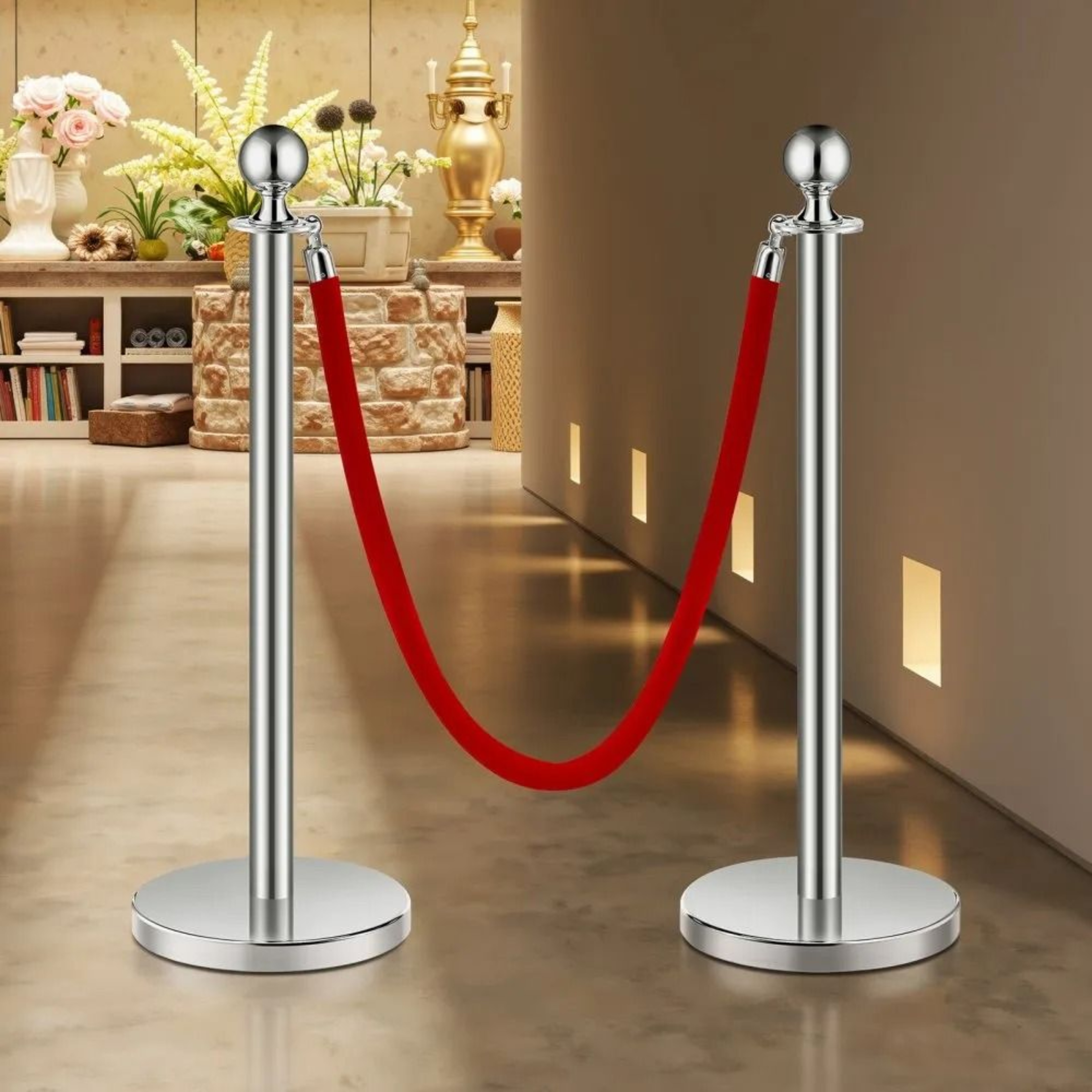 Stanchions And Velvet Ropes With Silver Stainless Steel Posts And Red Crowd Control Ropes 5