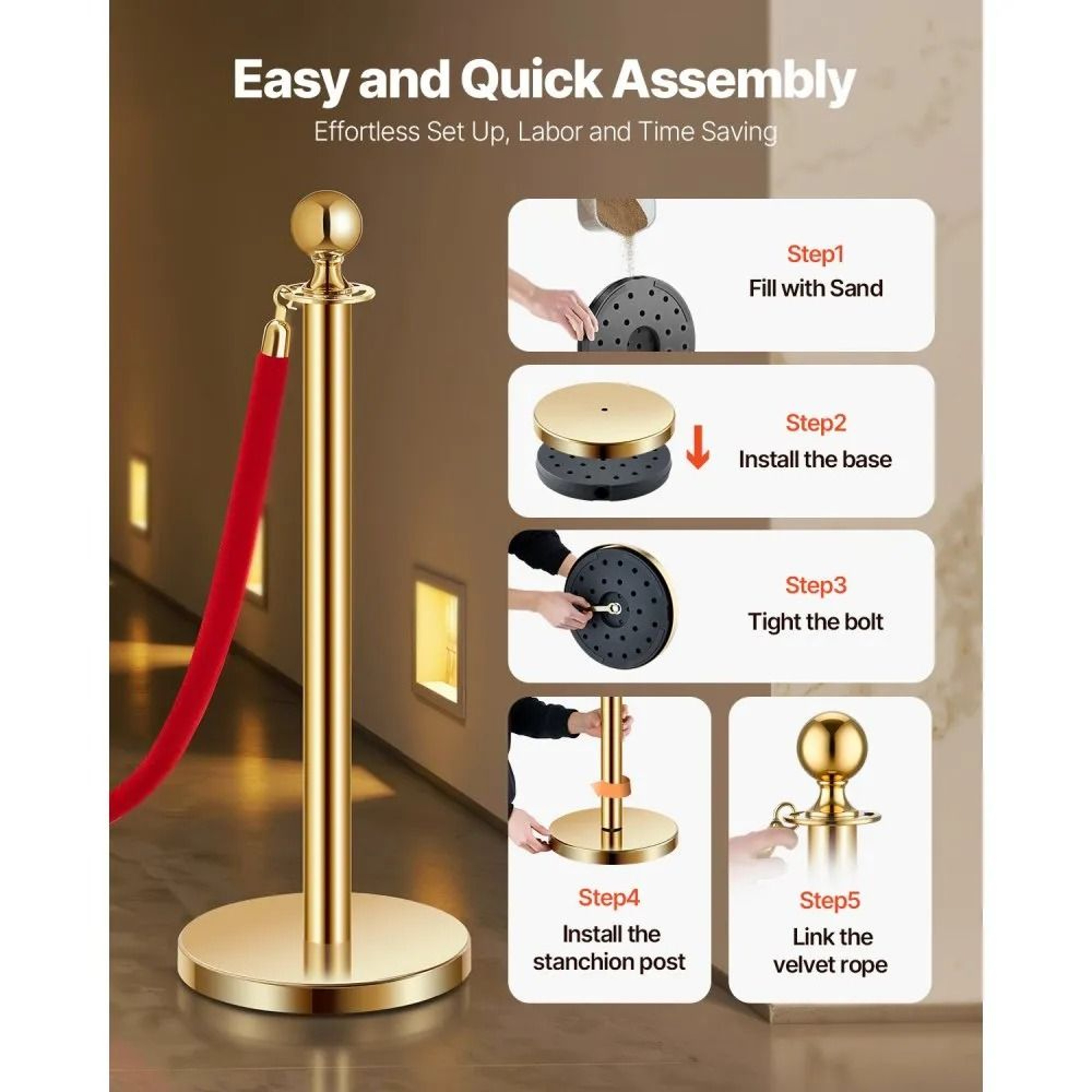 Gold Stanchions And Velvet Ropes 6Piece Crowd Control Barrier Set 3