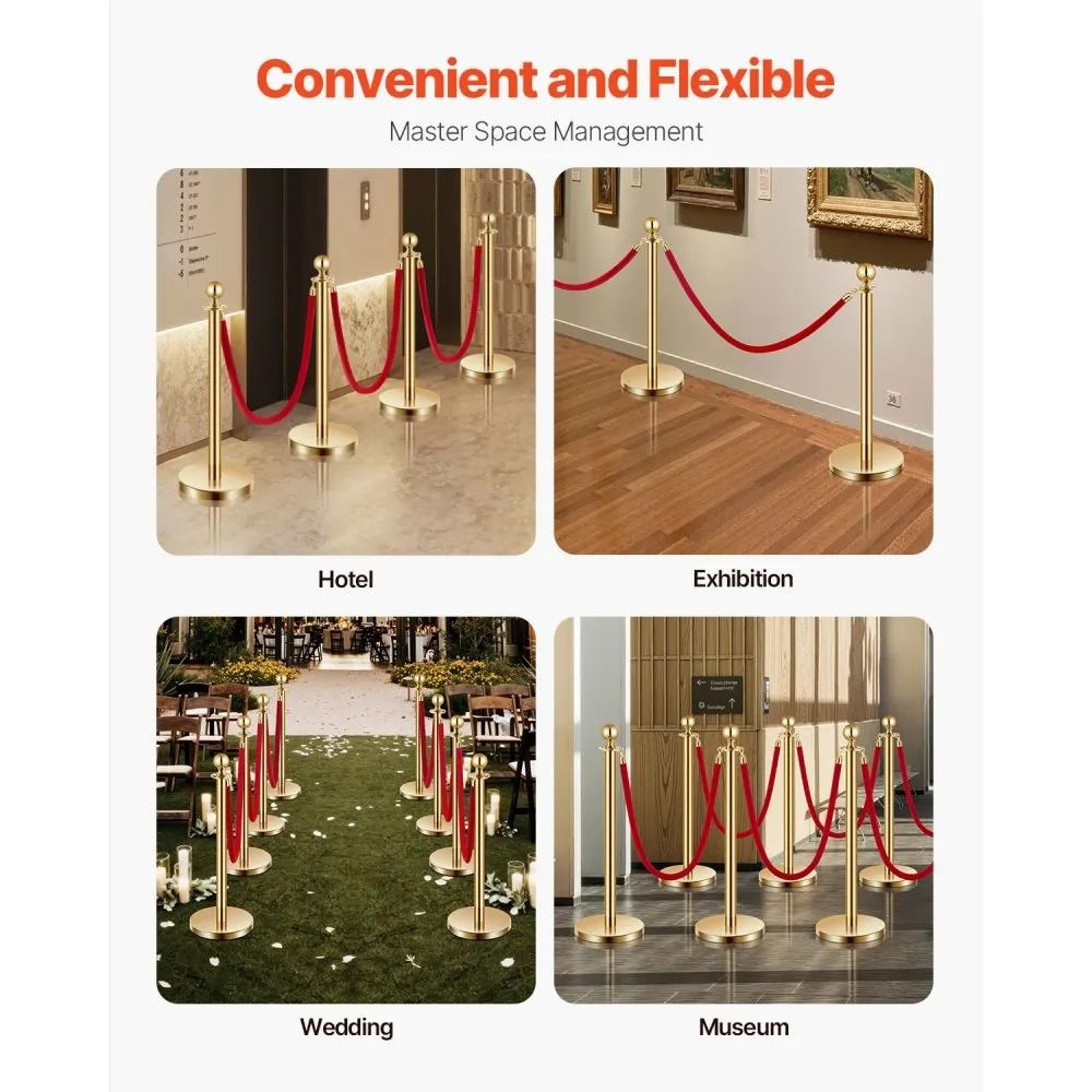 Gold Stanchion Posts With Red Velvet Ropes And Fillable Bases For Crowd Control 4