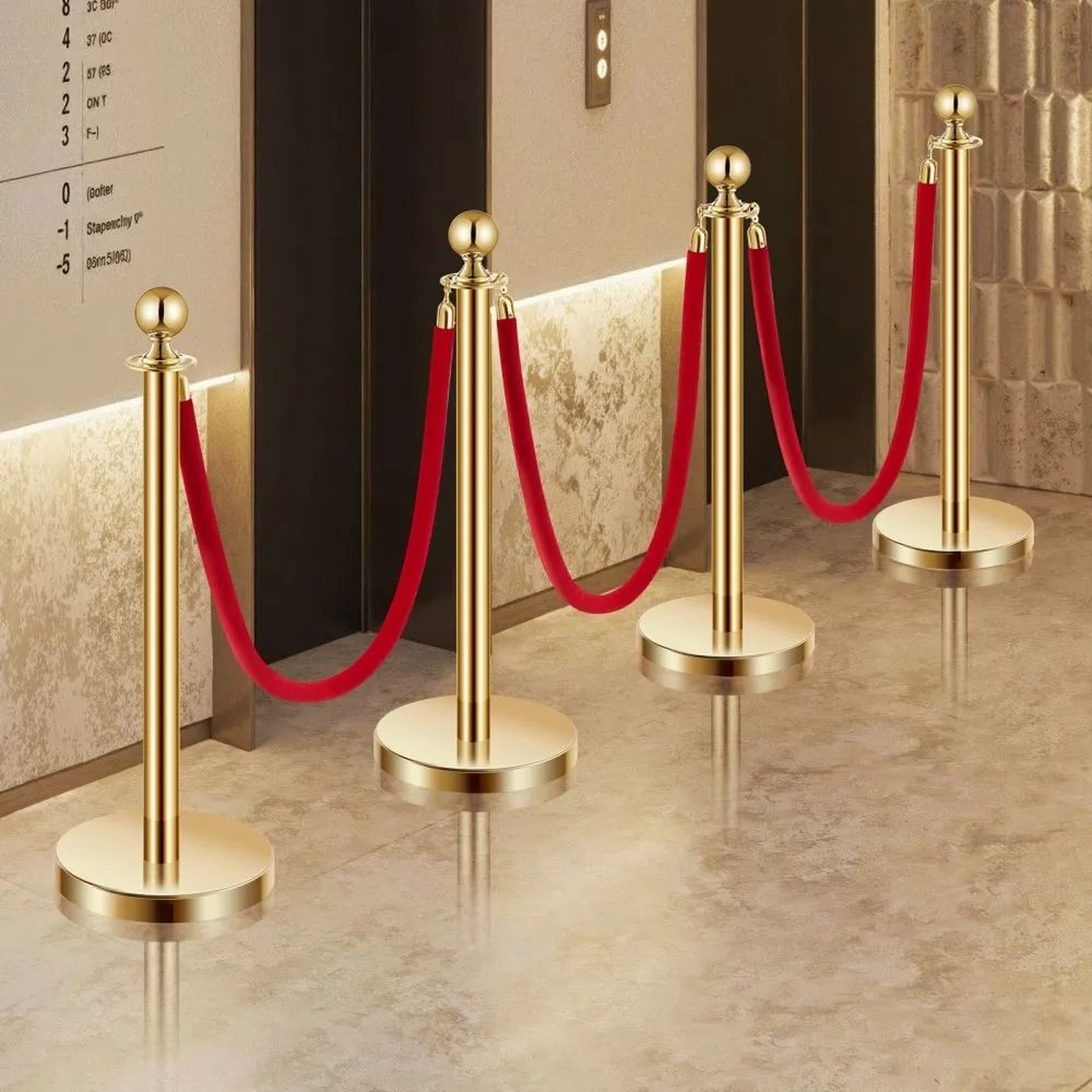Gold Stanchion Posts With Red Velvet Ropes And Fillable Bases For Crowd Control 6