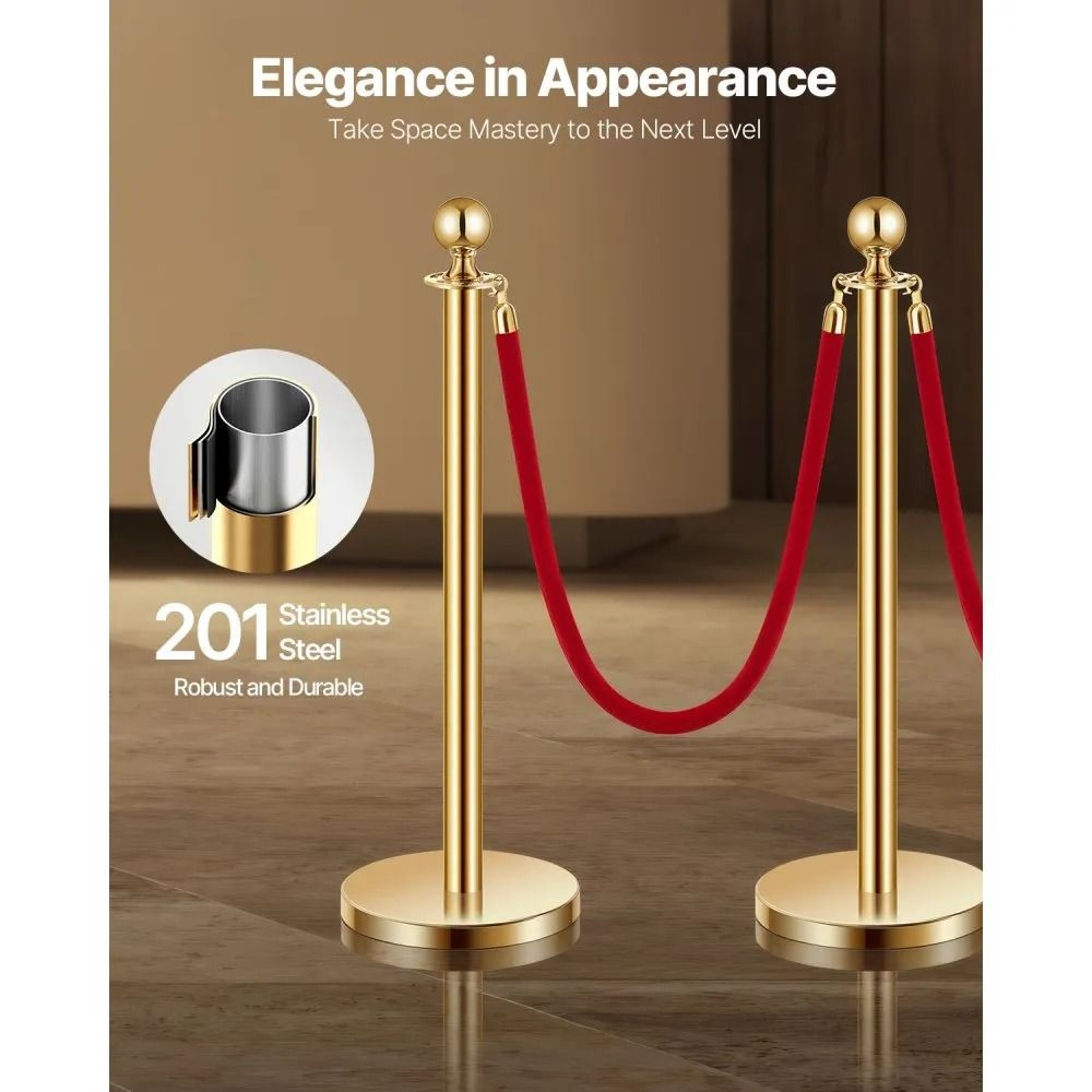 Gold Stanchion Posts With Red Velvet Ropes And Fillable Bases For Crowd Control 1