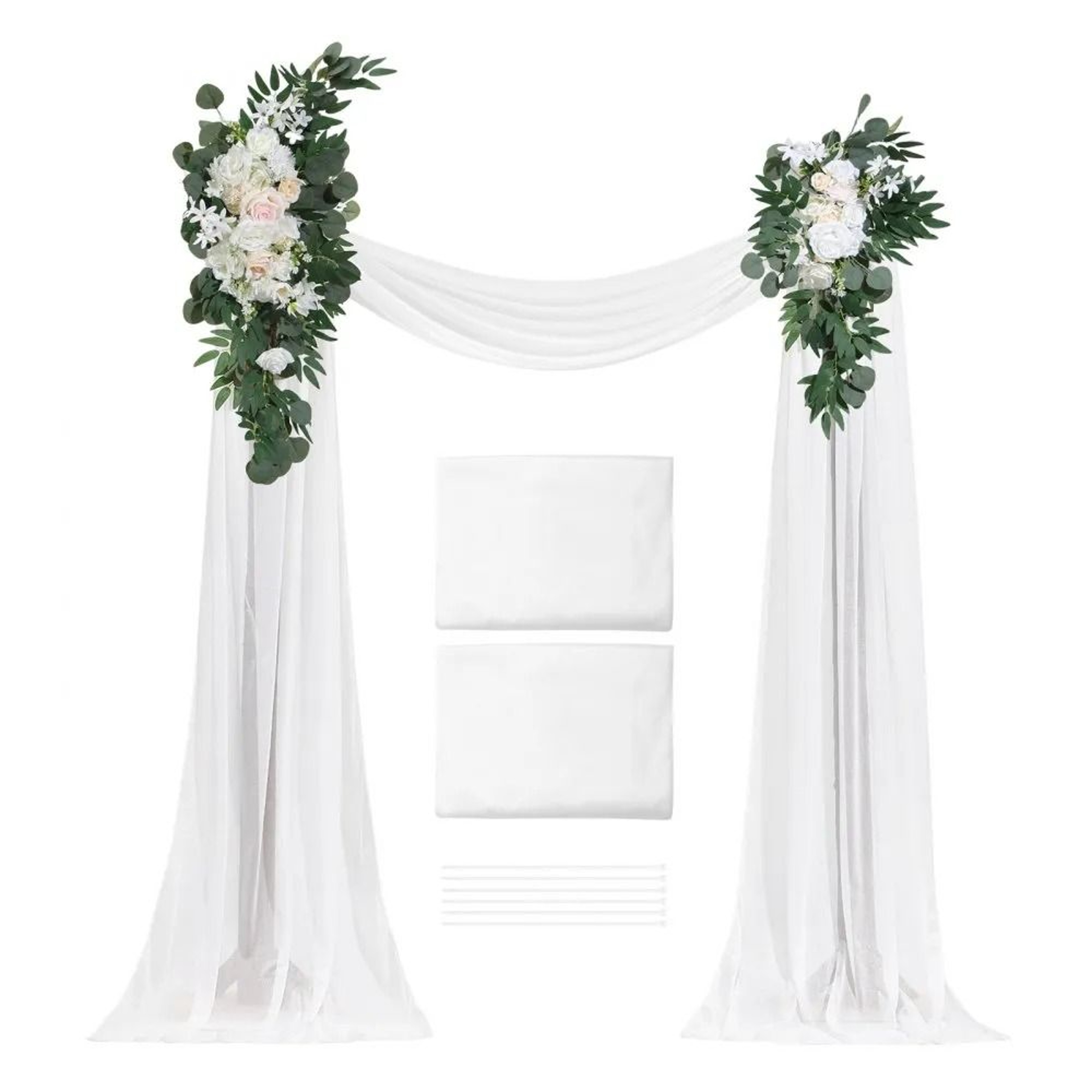 Artificial Wedding Arch Flowers Kit With Sheer White Drapes 4 Piece Set 0
