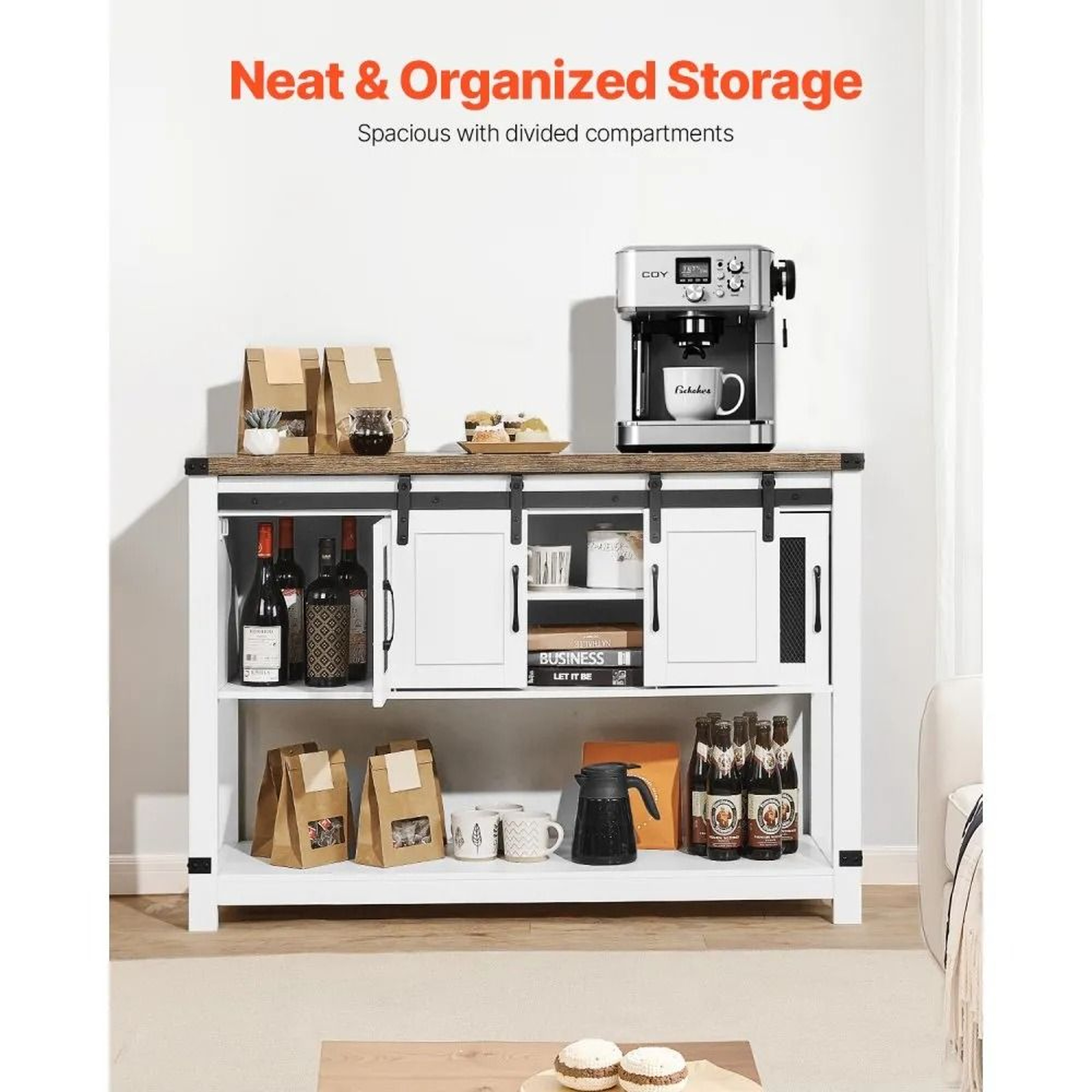 Farmhouse Coffee Bar Cabinet With Sliding Barn Doors And 4Tier Storage 3