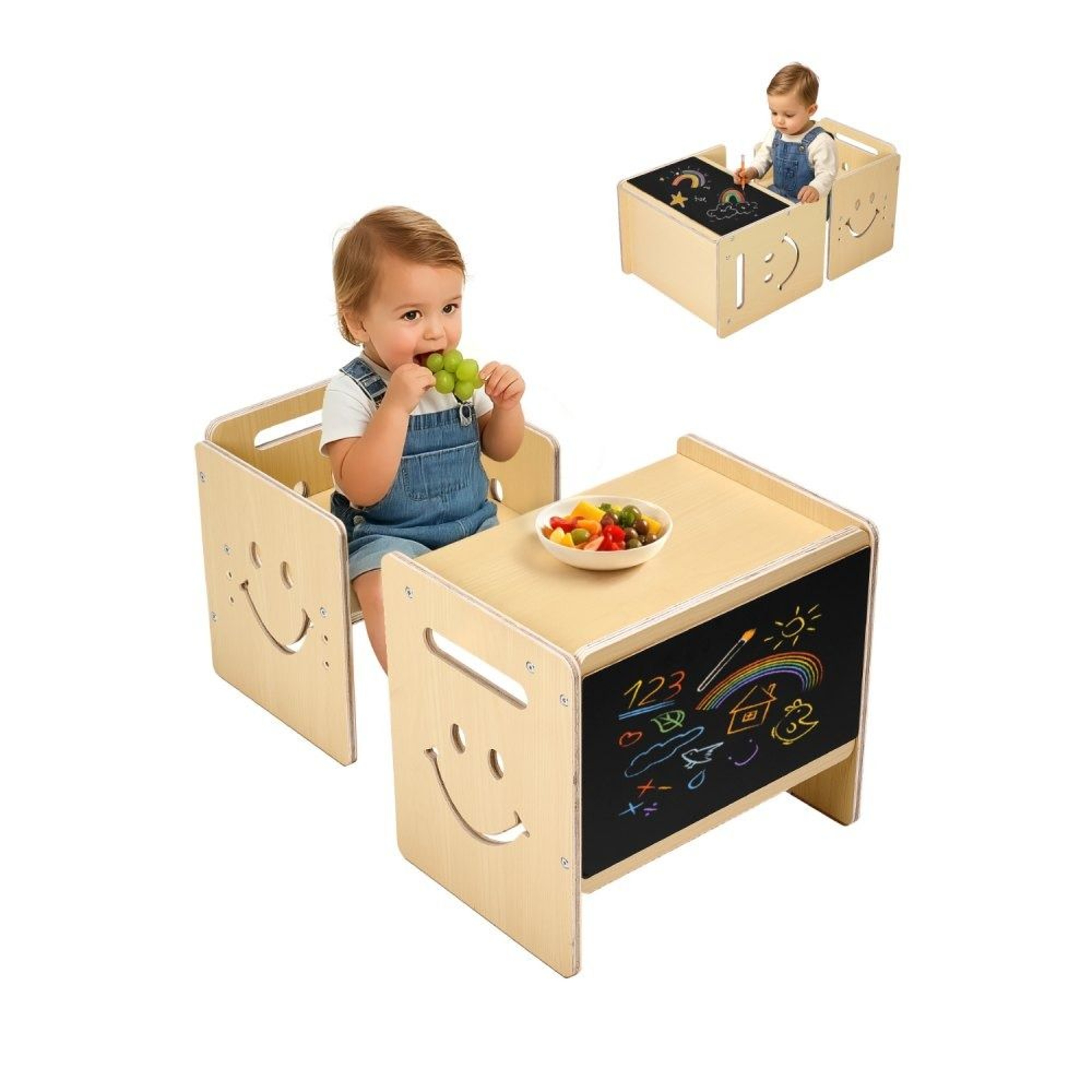 Montessori Weaning Table And Chair Set With Adjustable Heights And Chalkboard 0
