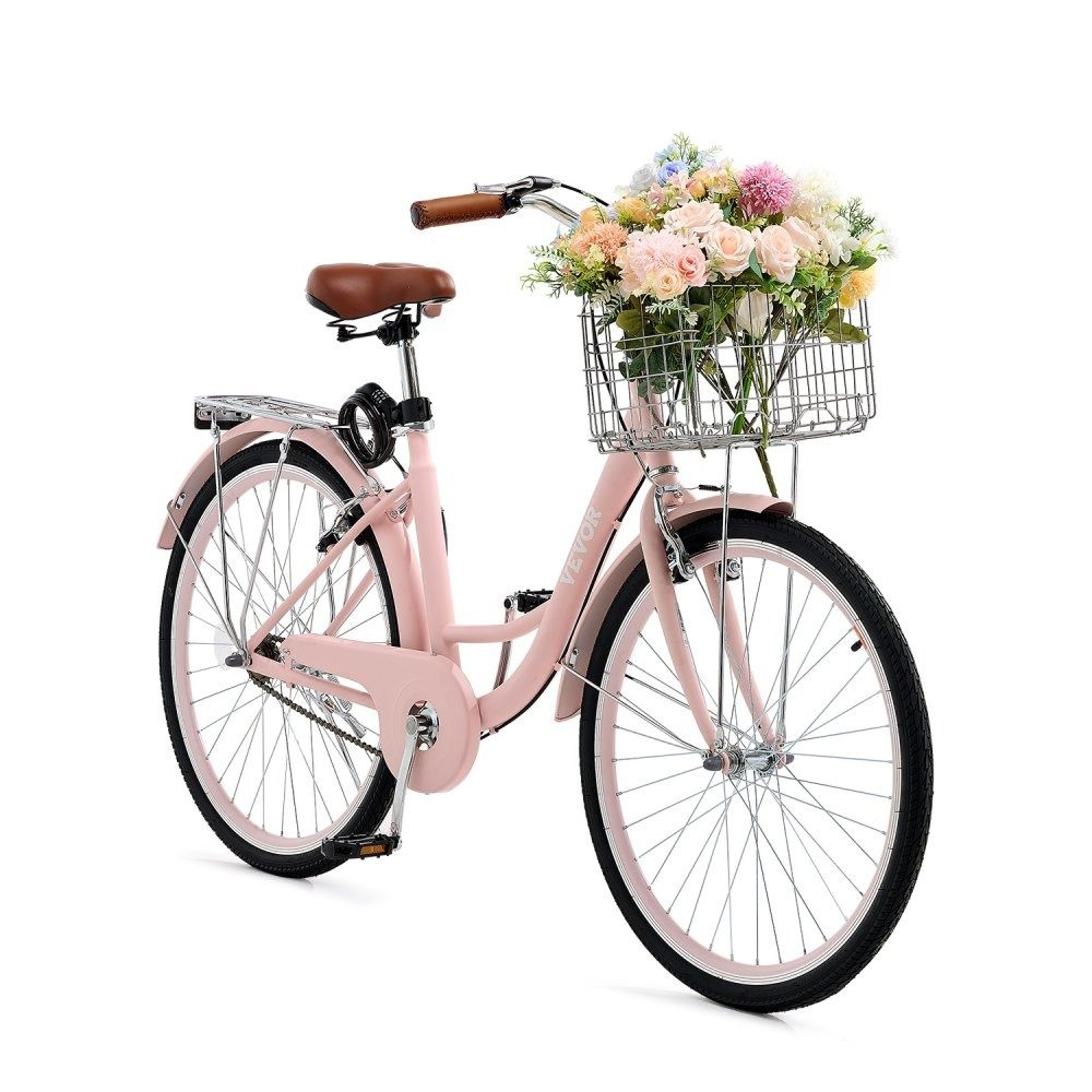 26Inch Pink Beach Cruiser Bike With 7Speed Gears And Front Basket And Rear Rack 7