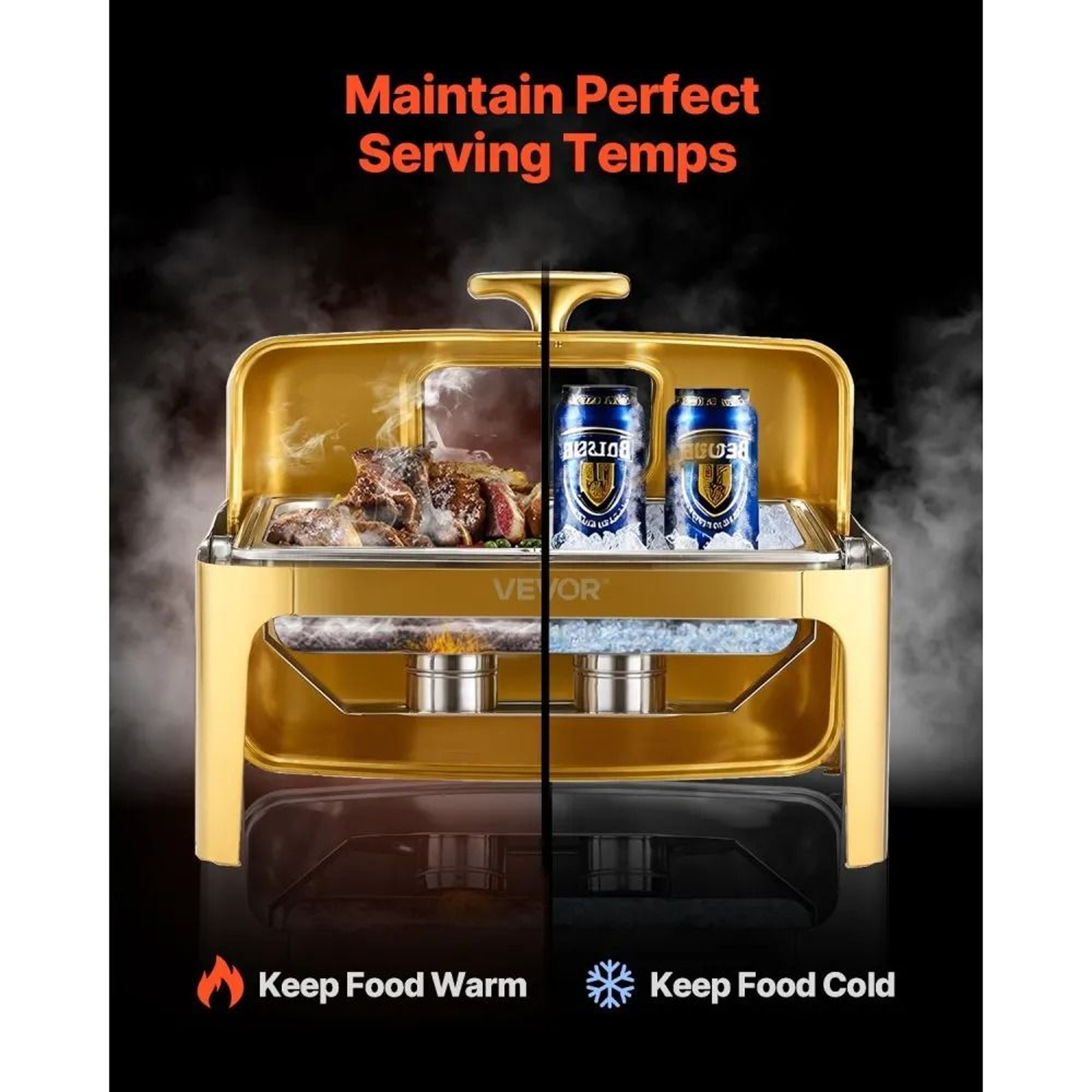 9 Qt Gold Stainless Steel Roll Top Chafing Dish Buffet Warmer Set 1