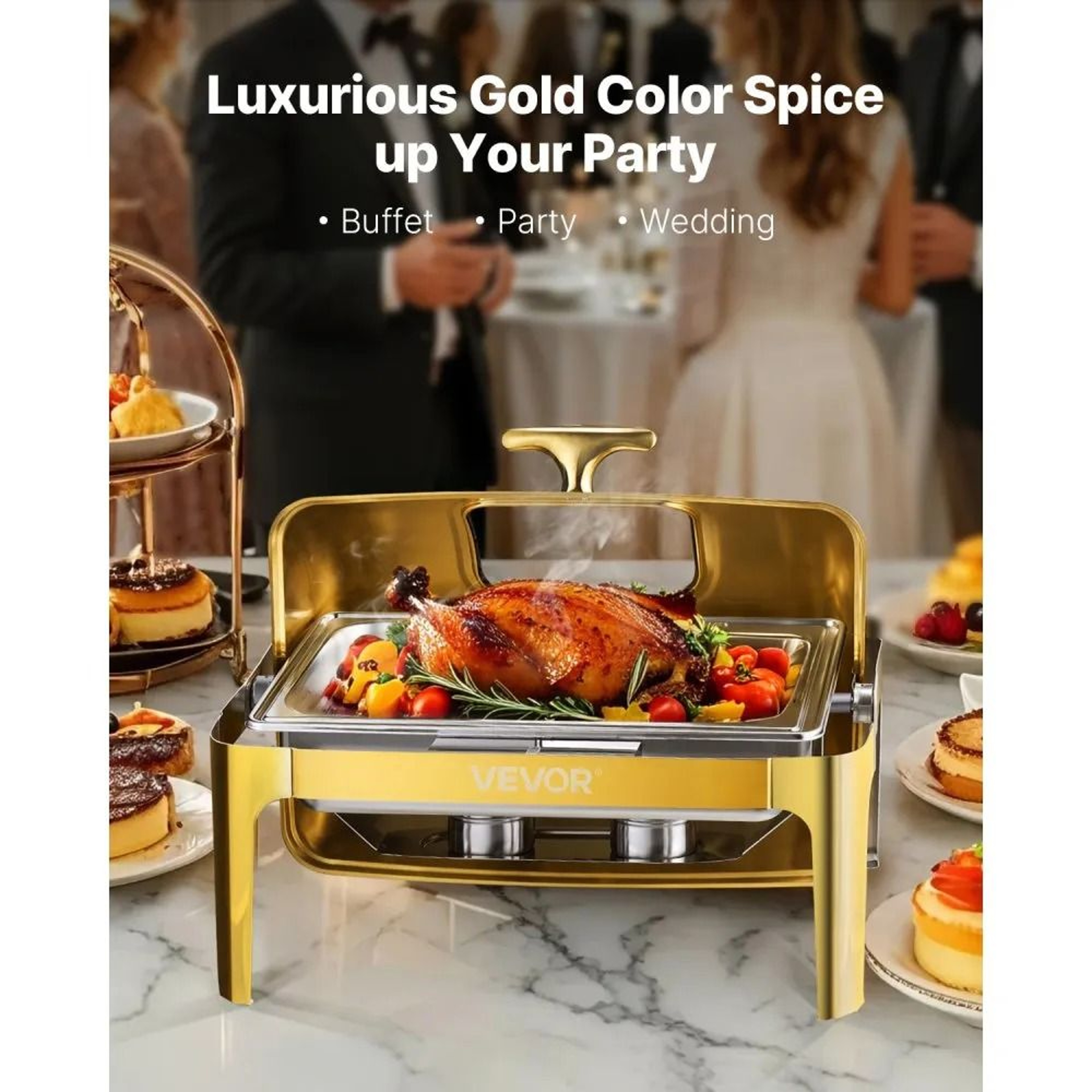 9 Qt Gold Stainless Steel Roll Top Chafing Dish Buffet Warmer Set 2