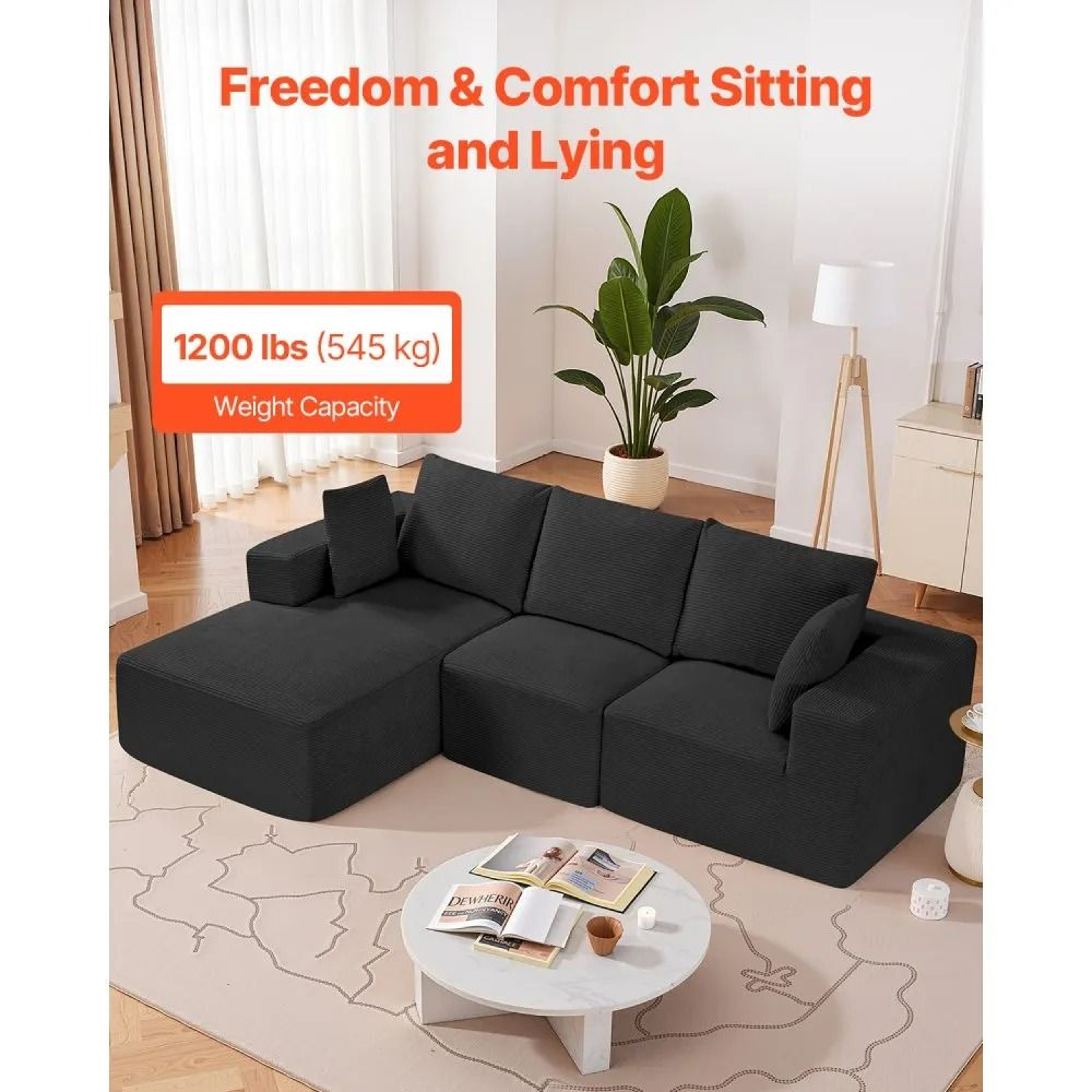 Modular L Shaped Sectional Sofa With Chaise And Black Corduroy Upholstery 1