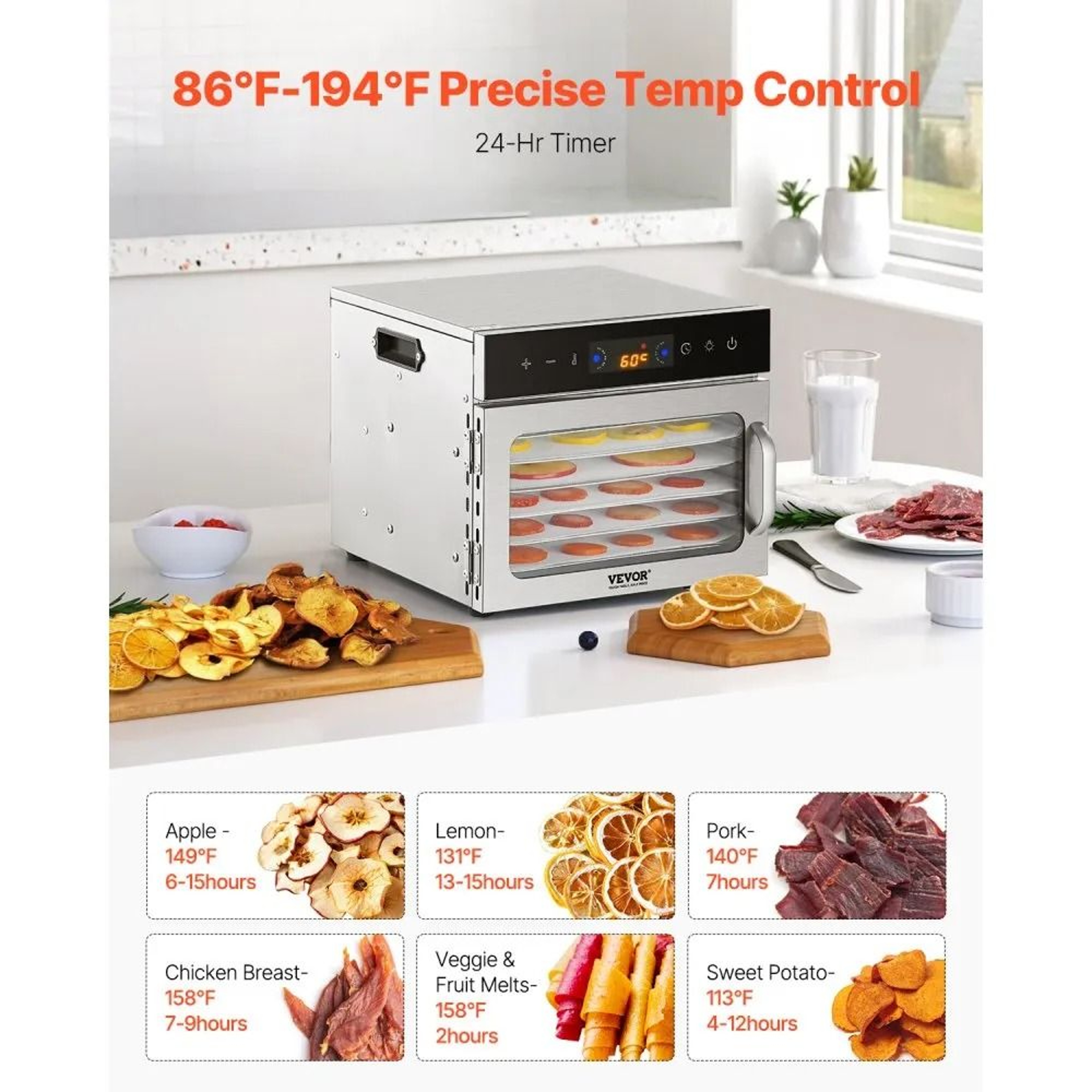 400W Food Dehydrator Machine With 6 Stainless Steel Trays And 24Hour Timer 3