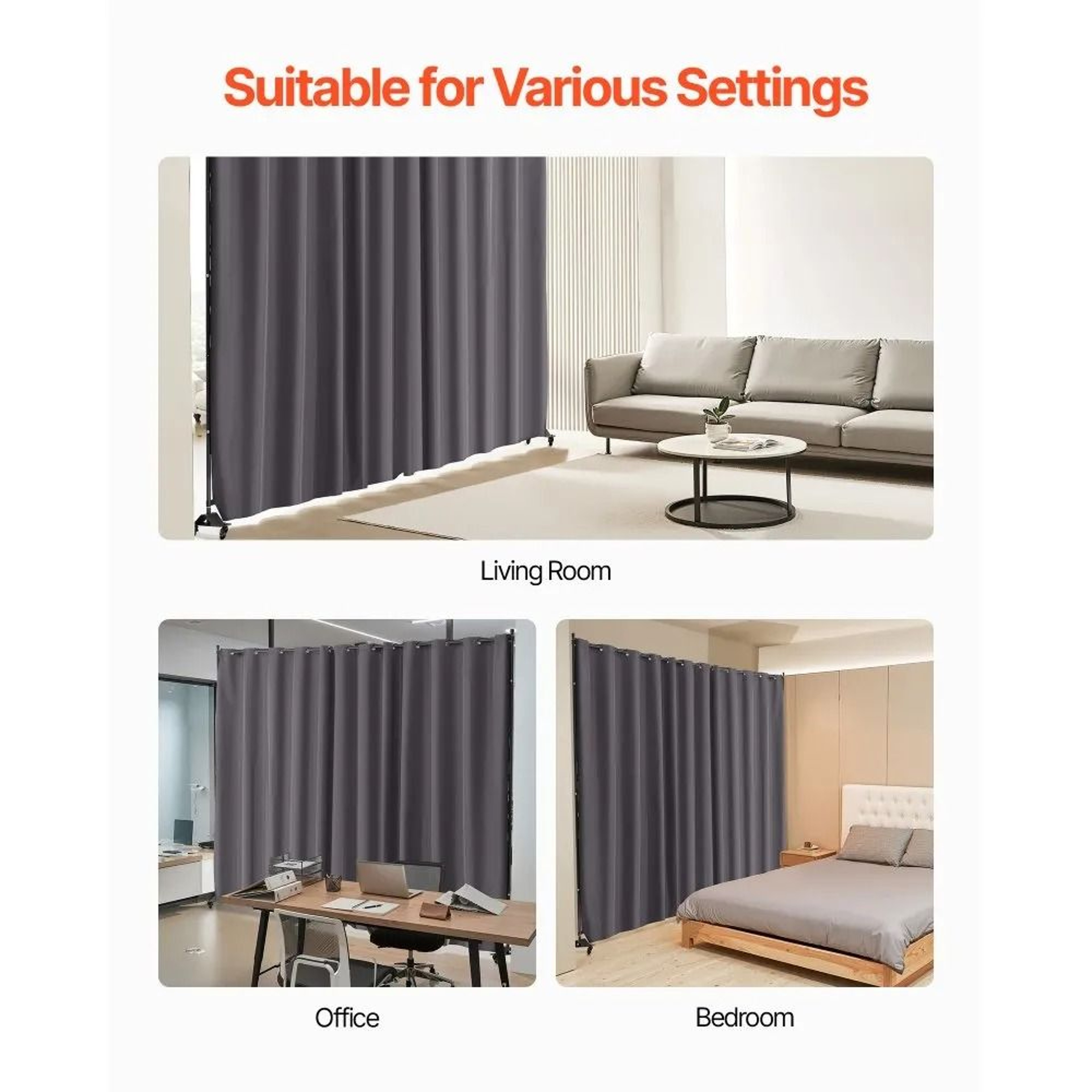 Portable Room Divider With Wheels And Privacy Curtain Panel Gray 5